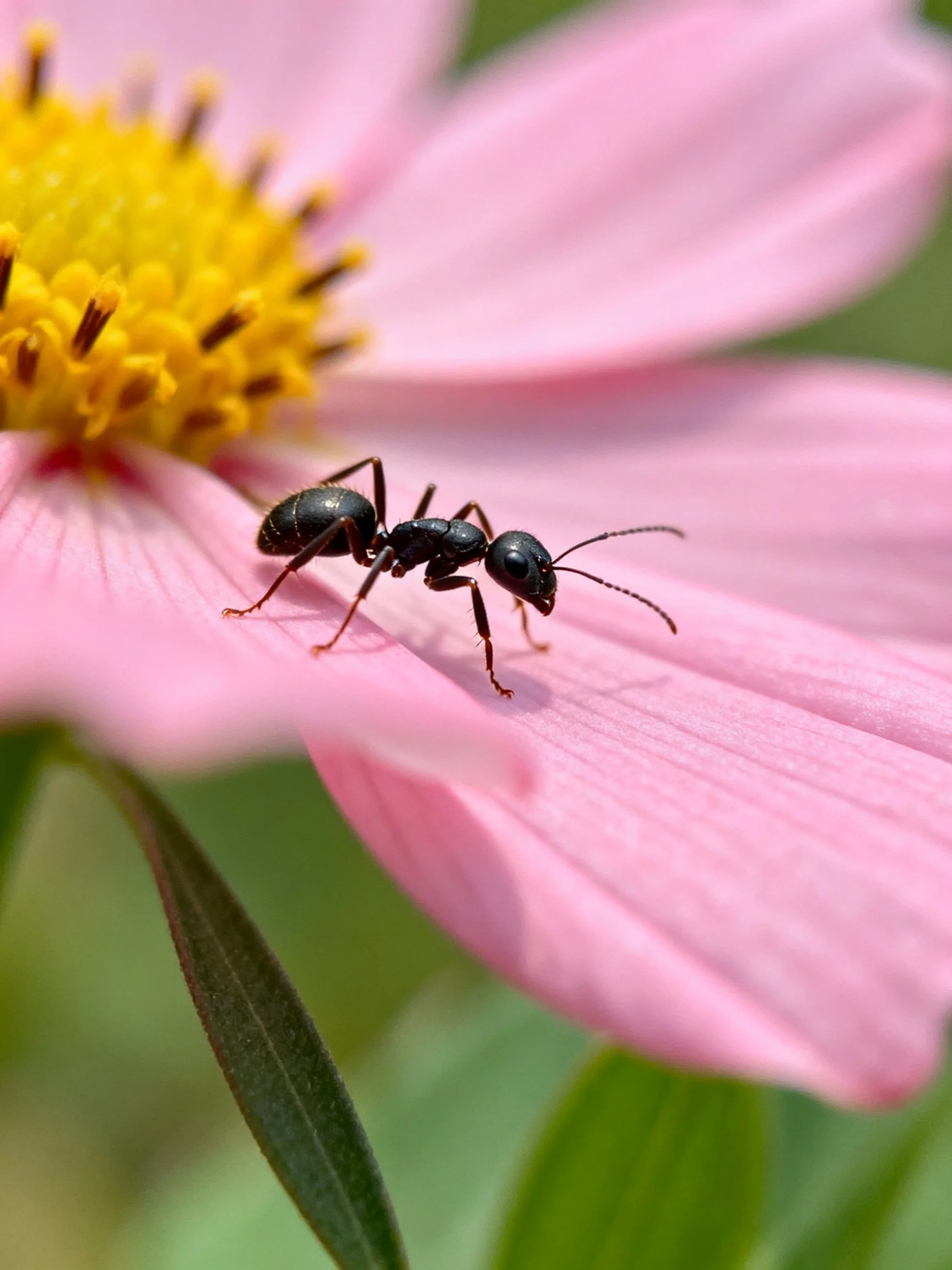 A black ant on a pink flower with a yellow center