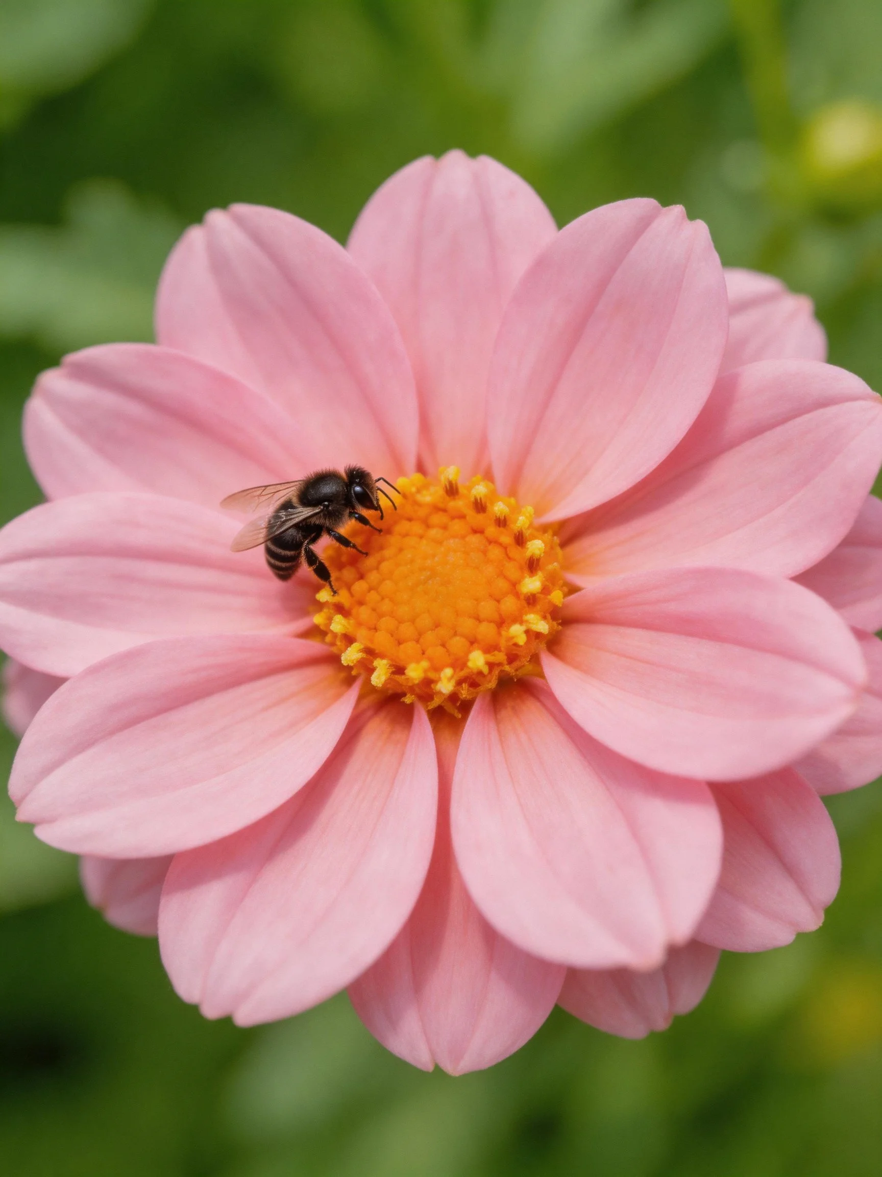 A black bee collecting nectar from a pink flower with an orange center