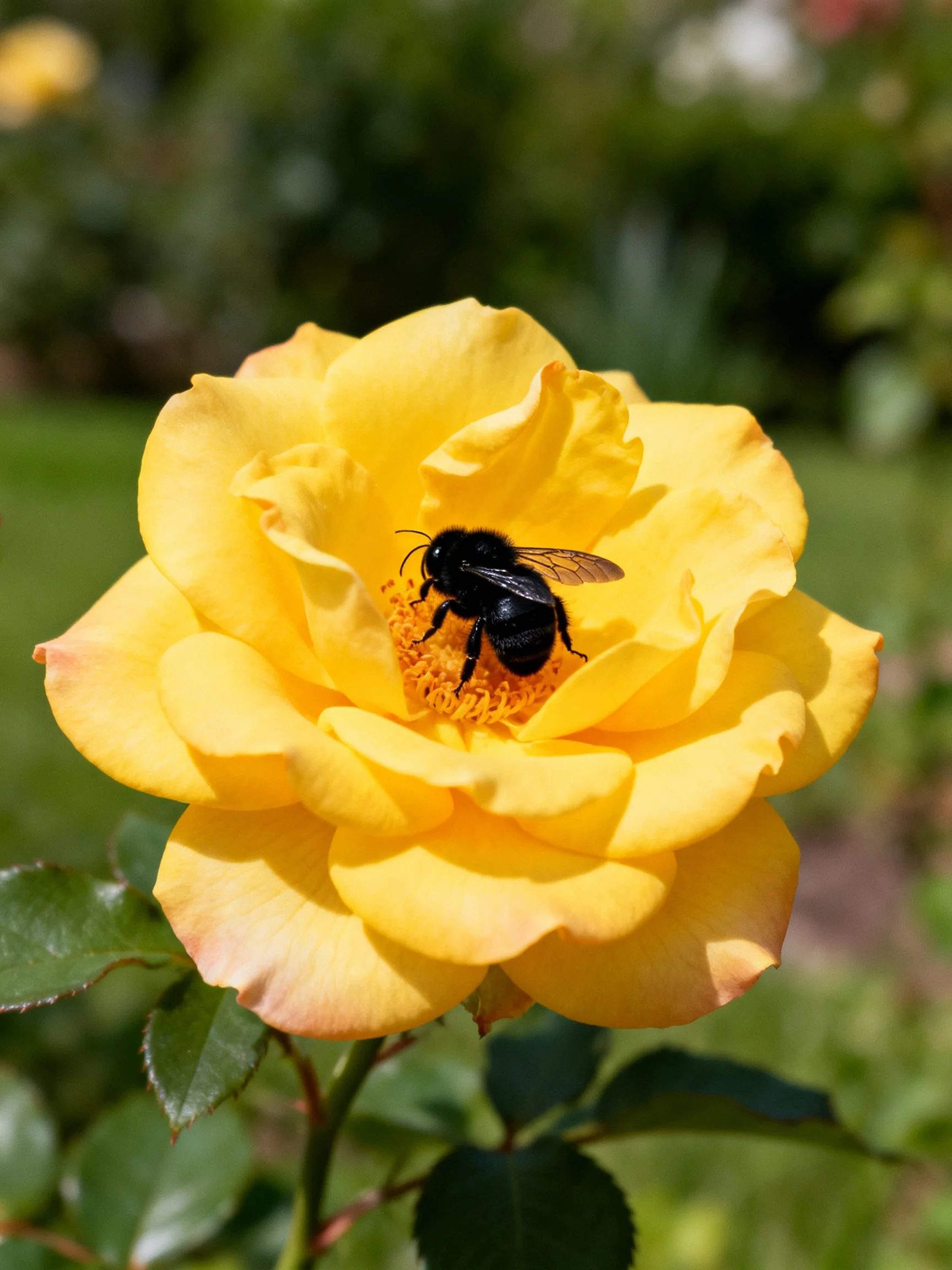 A black bee pollinating a vibrant yellow rose in a sunlit garden