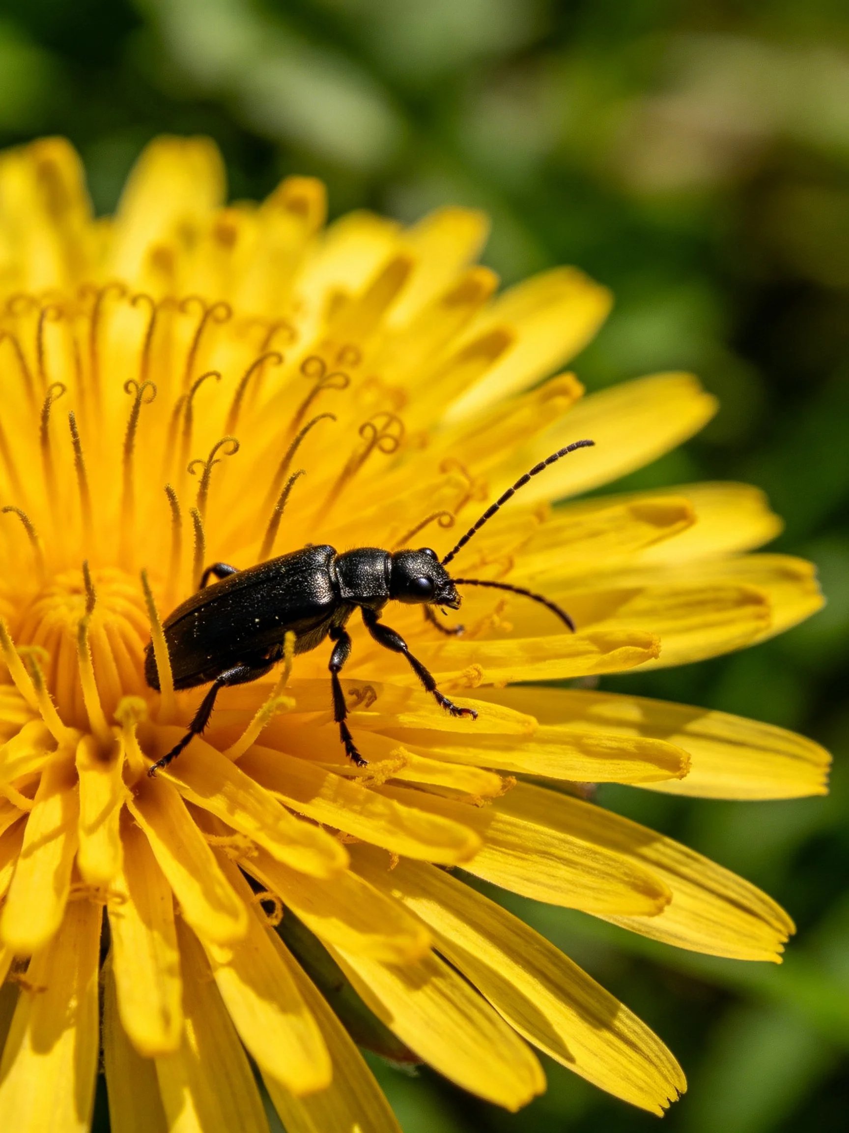 A black beetle on a bright yellow dandelion flower