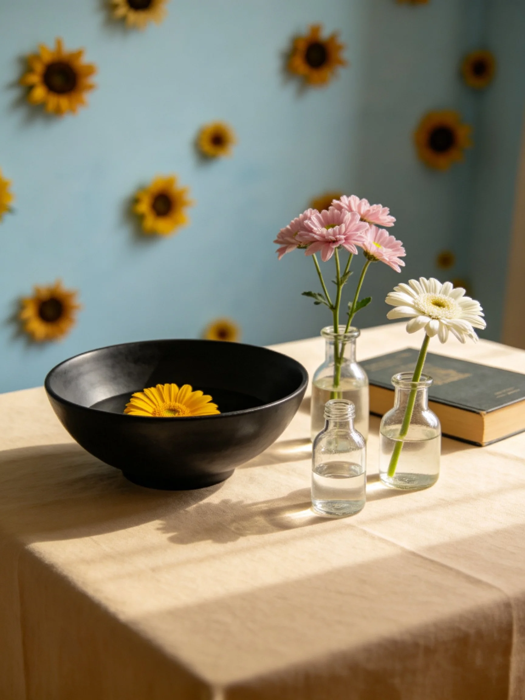 A black bowl, glass vases with pink and white flowers, book on a beige table with sunflower wallpaper