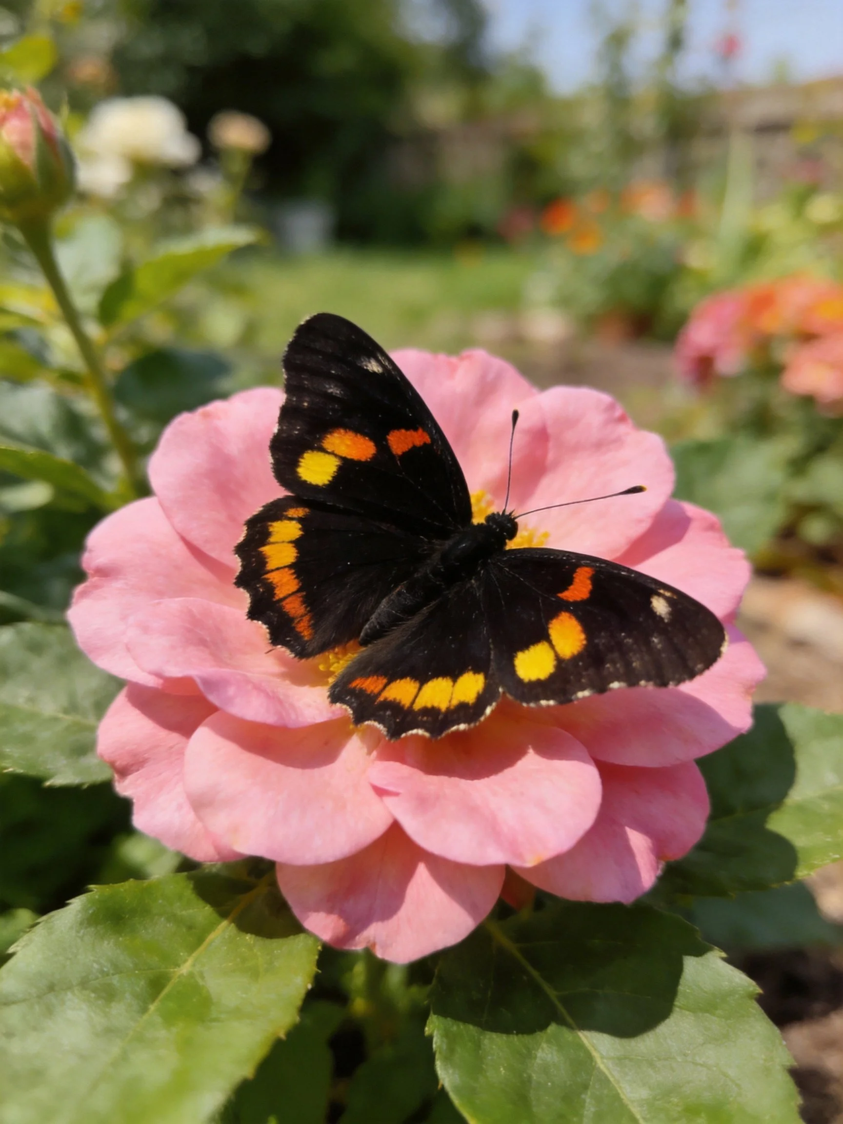 A black butterfly with orange and yellow markings perched on a pink rose