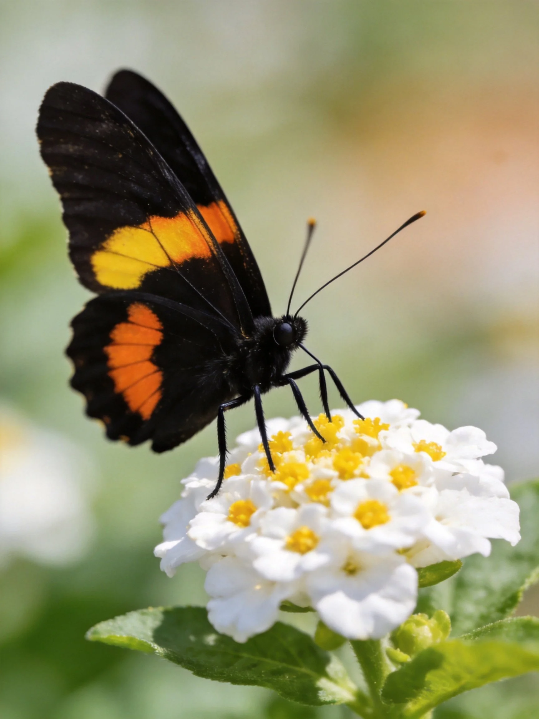 A black butterfly with orange and yellow wing patches on white flowers