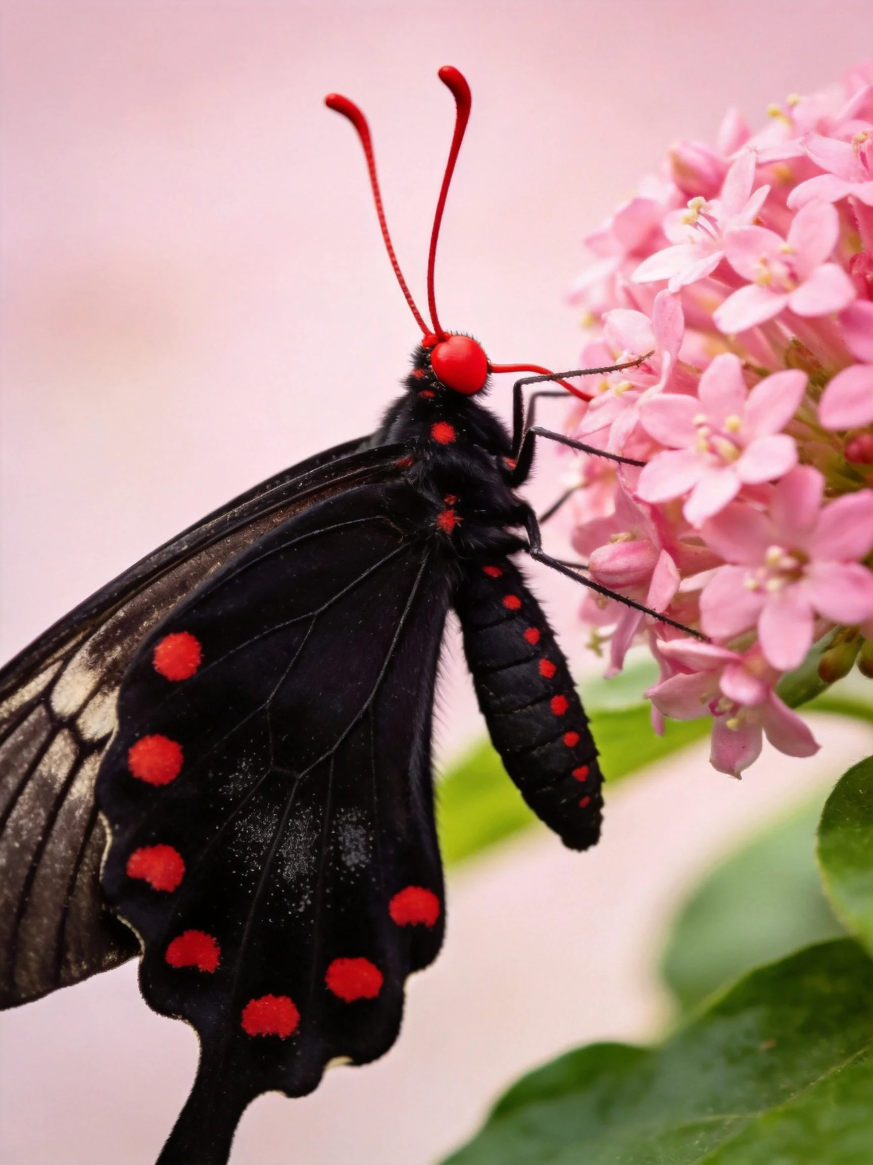 A black butterfly with red spots perched on pink flowers