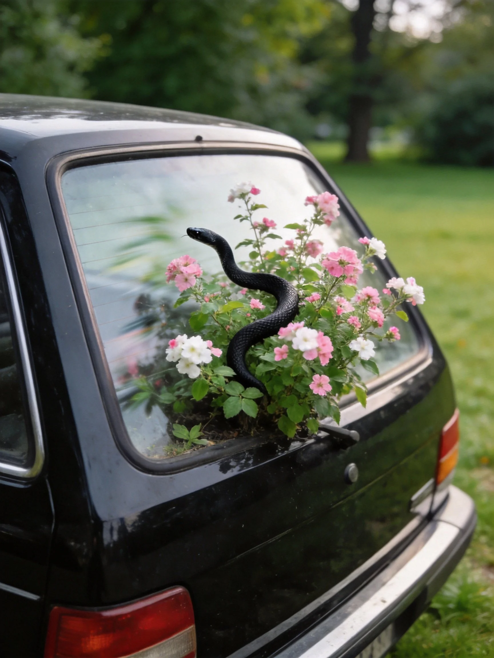 A black car with pink and white flowers and a black snake