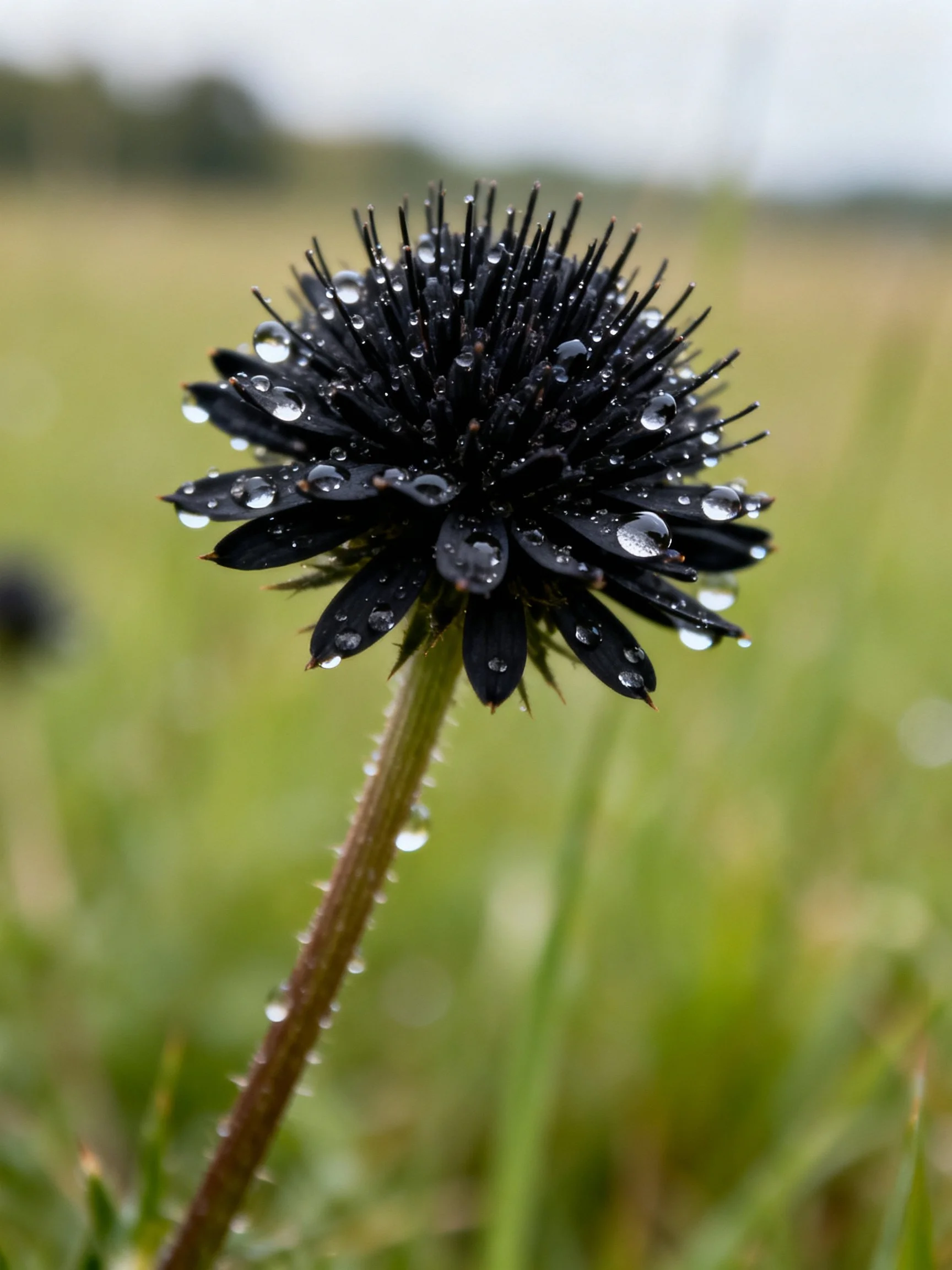 A black flower with water droplets in a green meadow