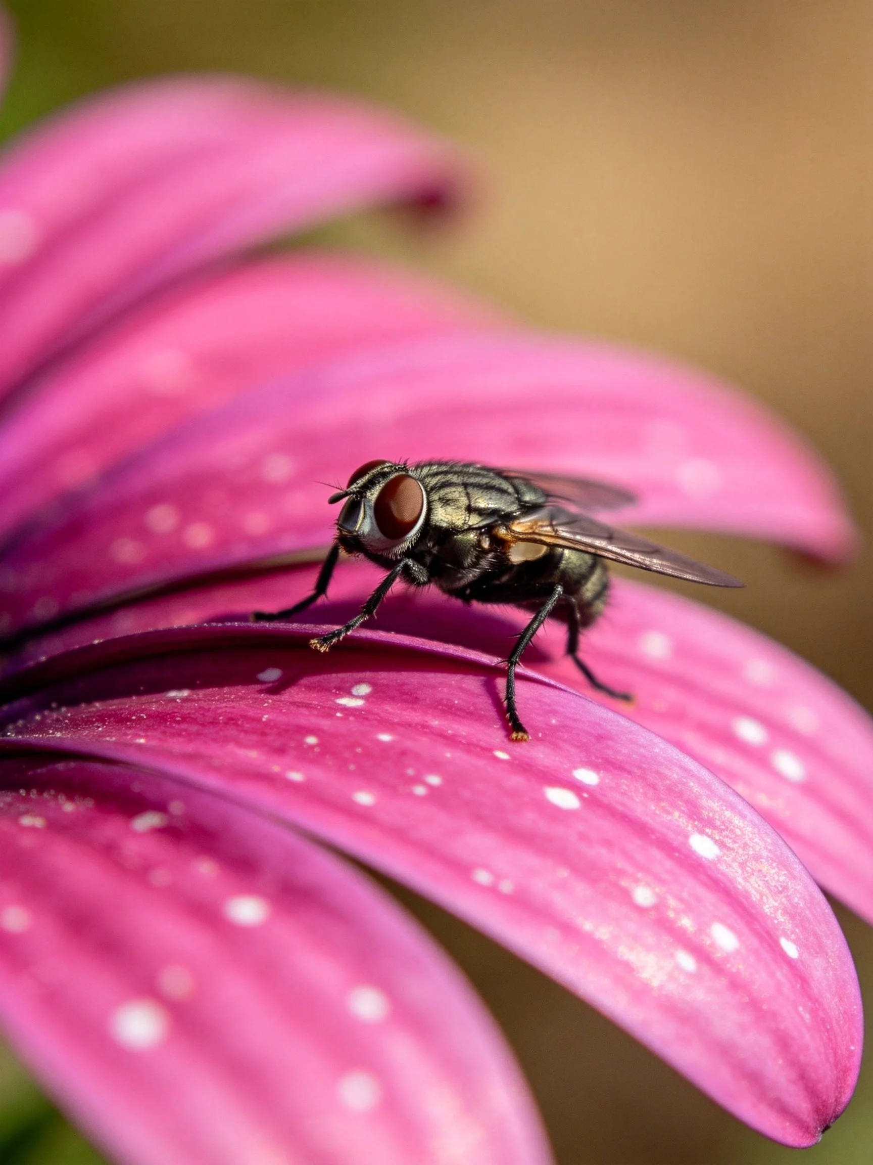 A black fly perched on vibrant pink spotted flower petals