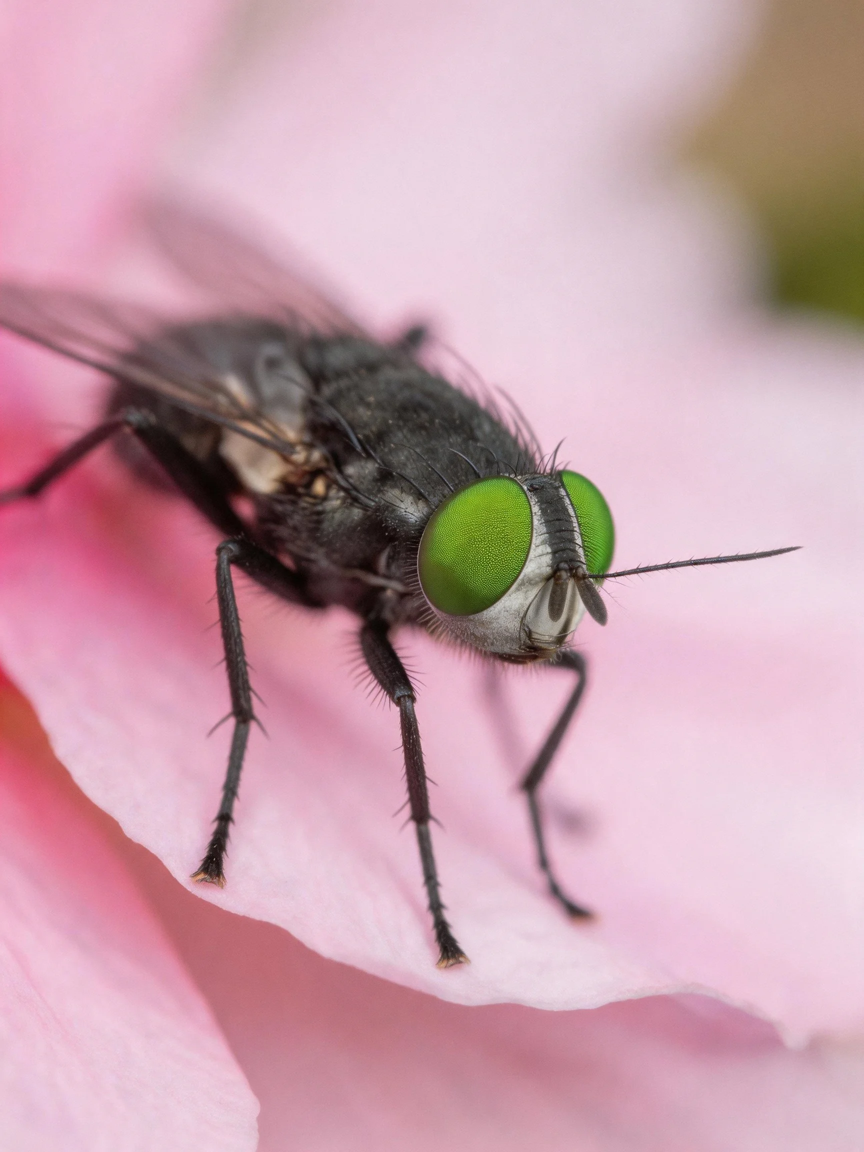 A black fly with bright green eyes perched on a pink petal
