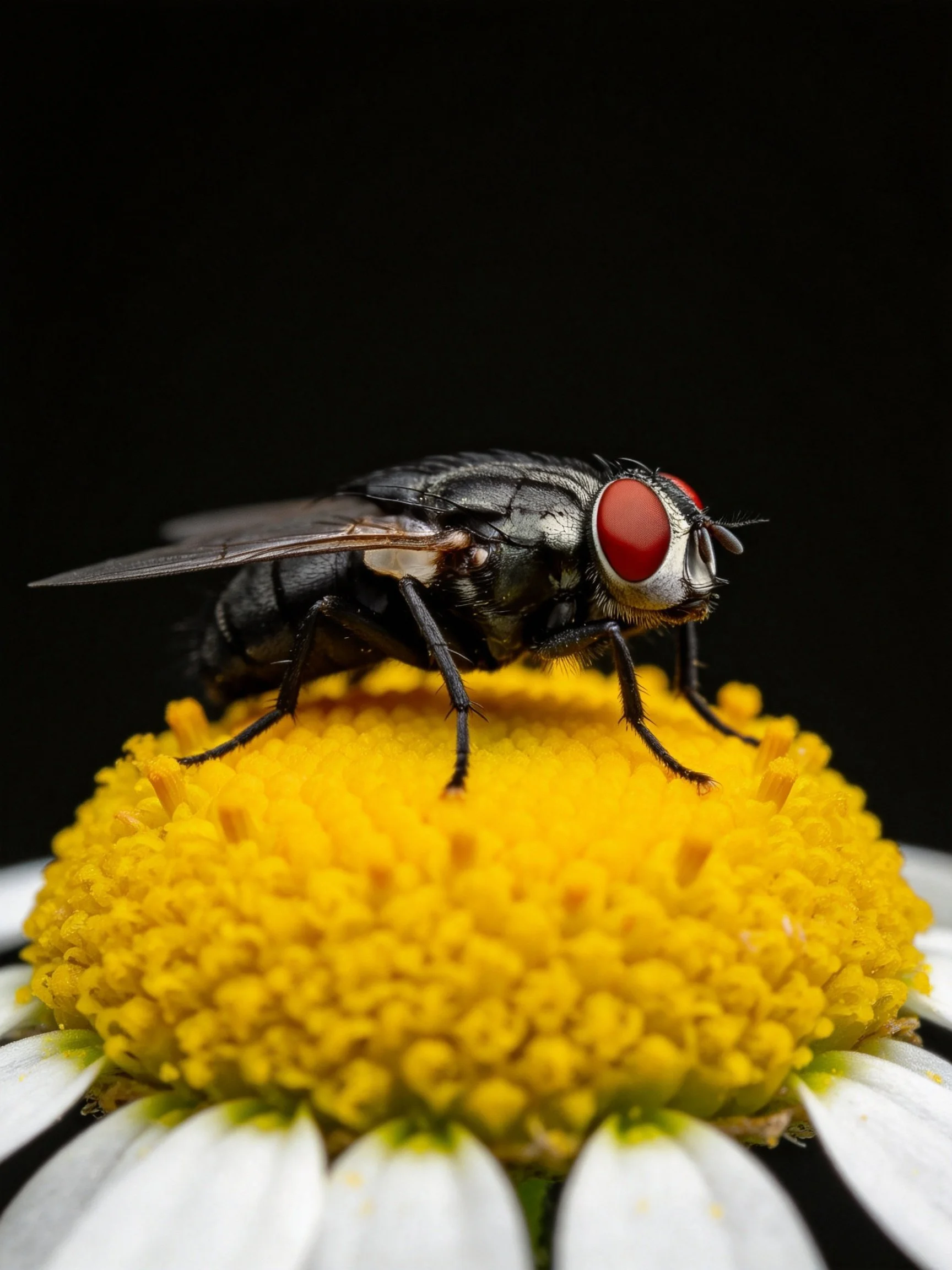 A black fly with red eyes perched on a yellow flower
