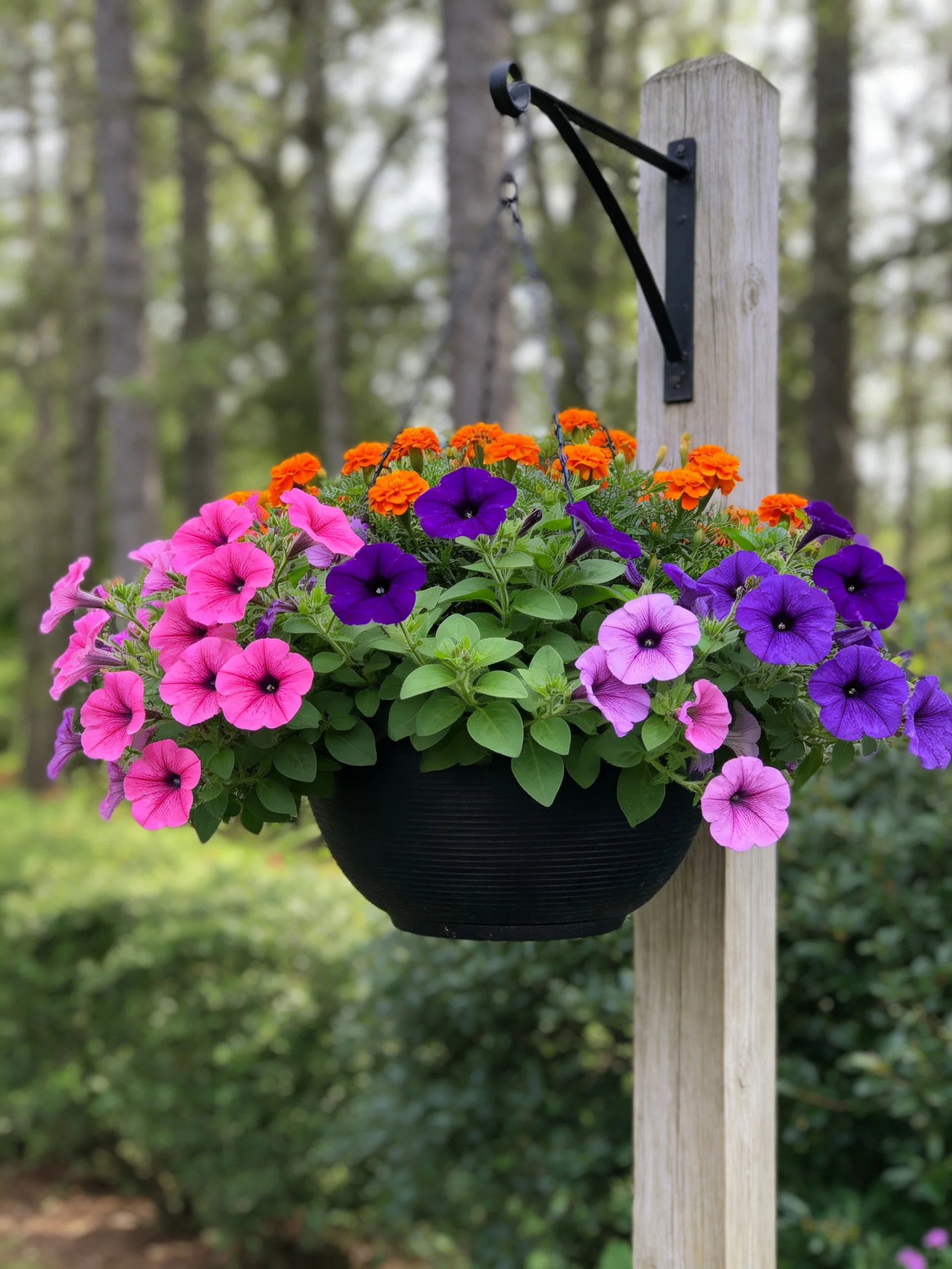 A black hanging basket holds vibrant pink, purple, and orange flowers