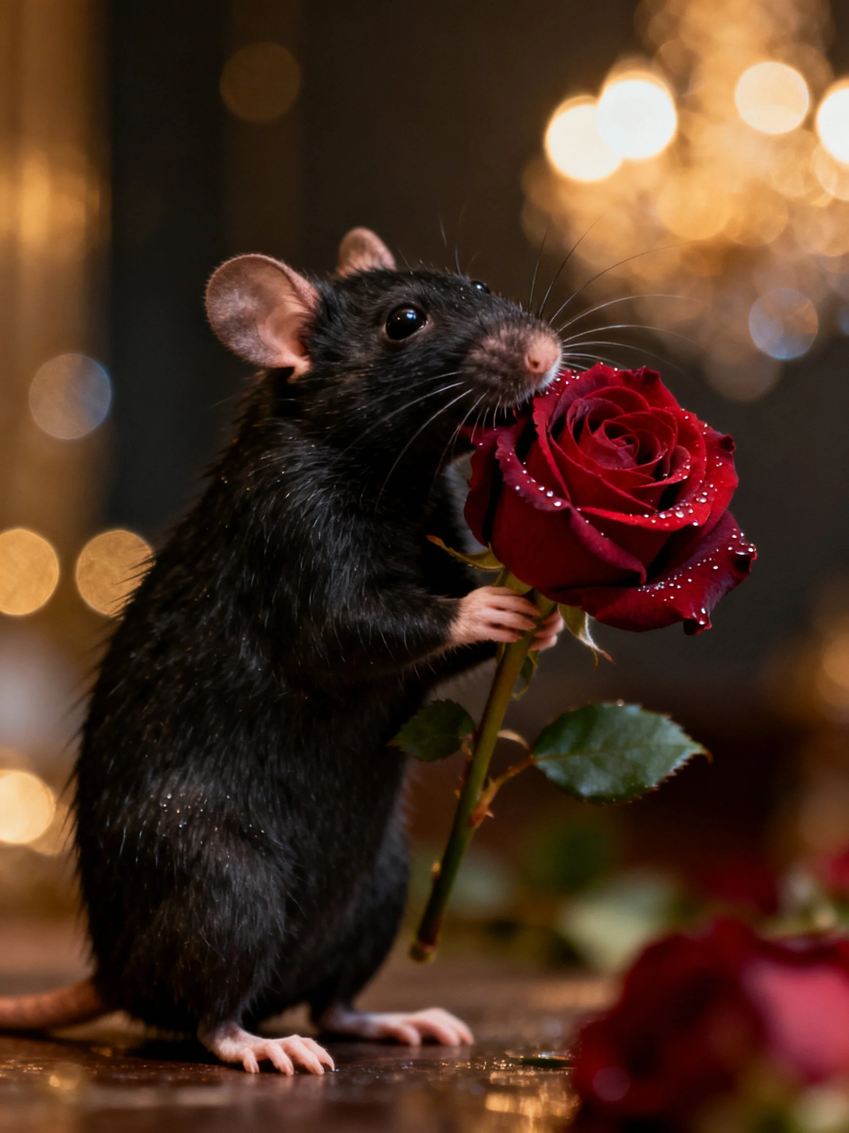 A black rat holds a red rose with dew drops near glowing lights