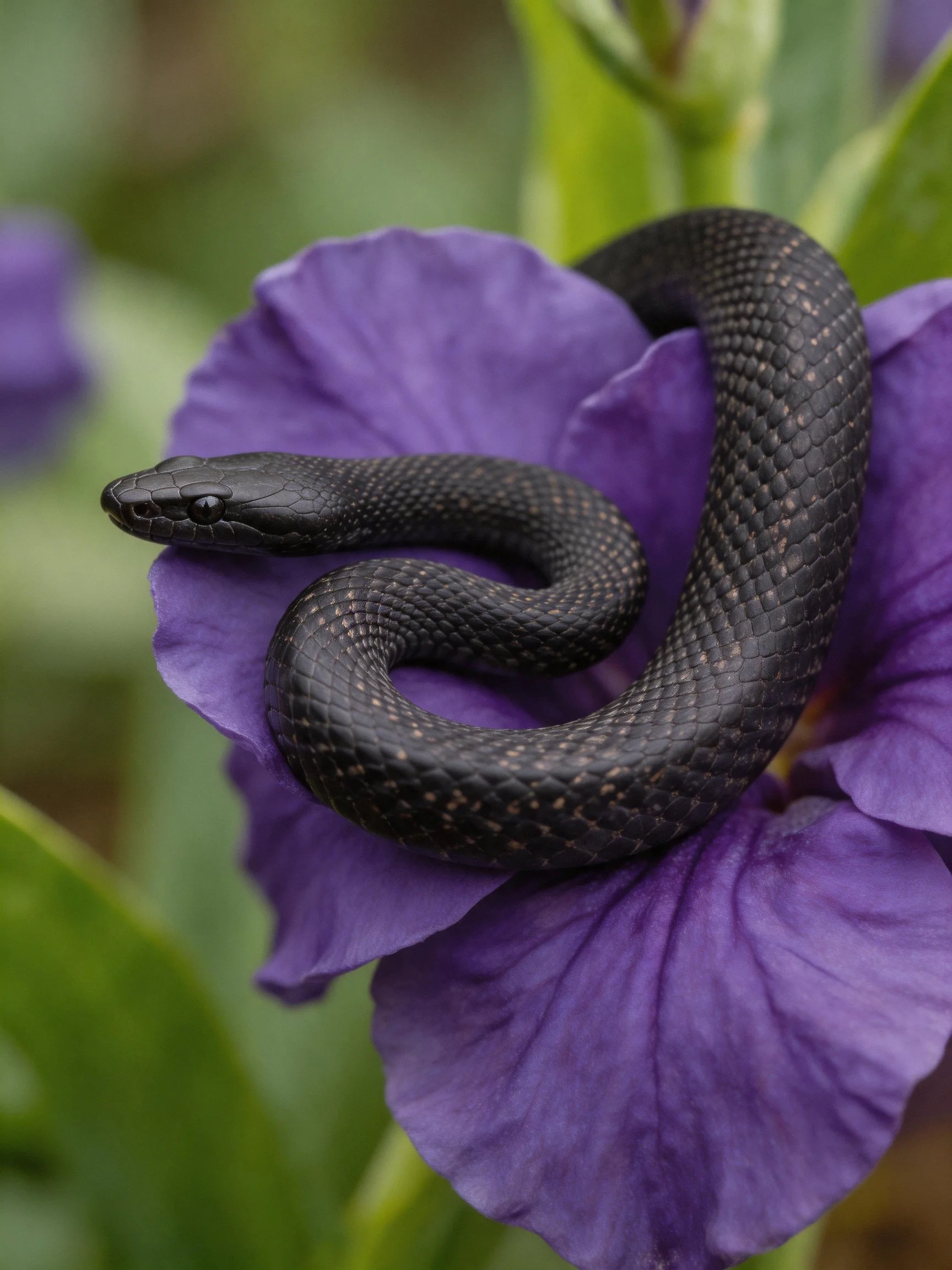 A black snake coils around a vibrant purple flower