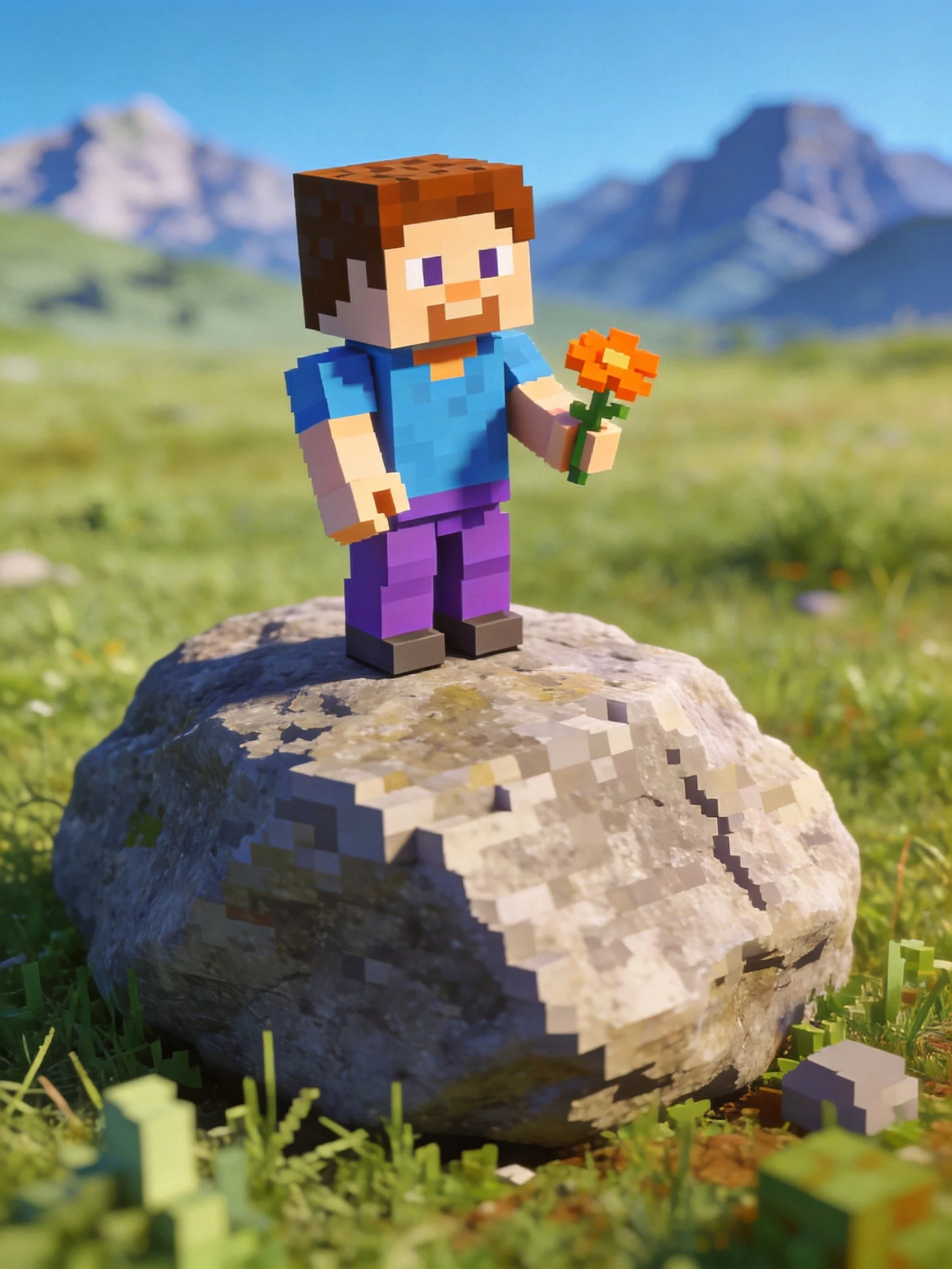 A blocky character holds an orange flower on a large rock in a grassy mountainous area