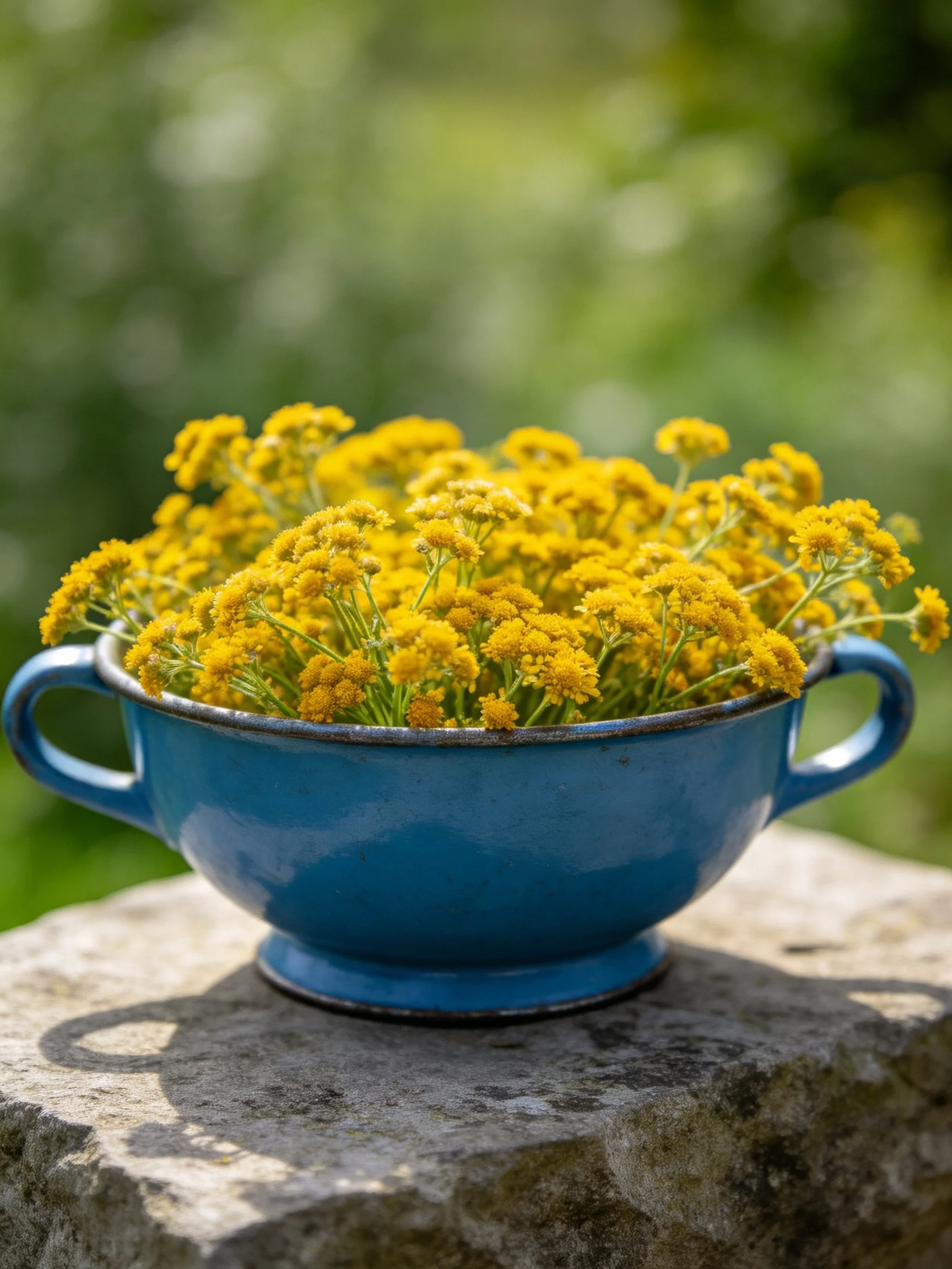 A blue bowl filled with yellow wildflowers on a stone