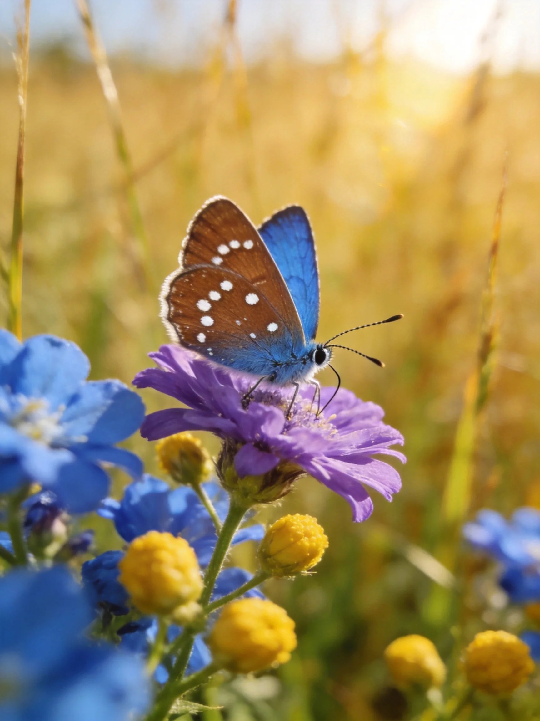 A blue butterfly perches on a purple flower amid blue and yellow wildflowers
