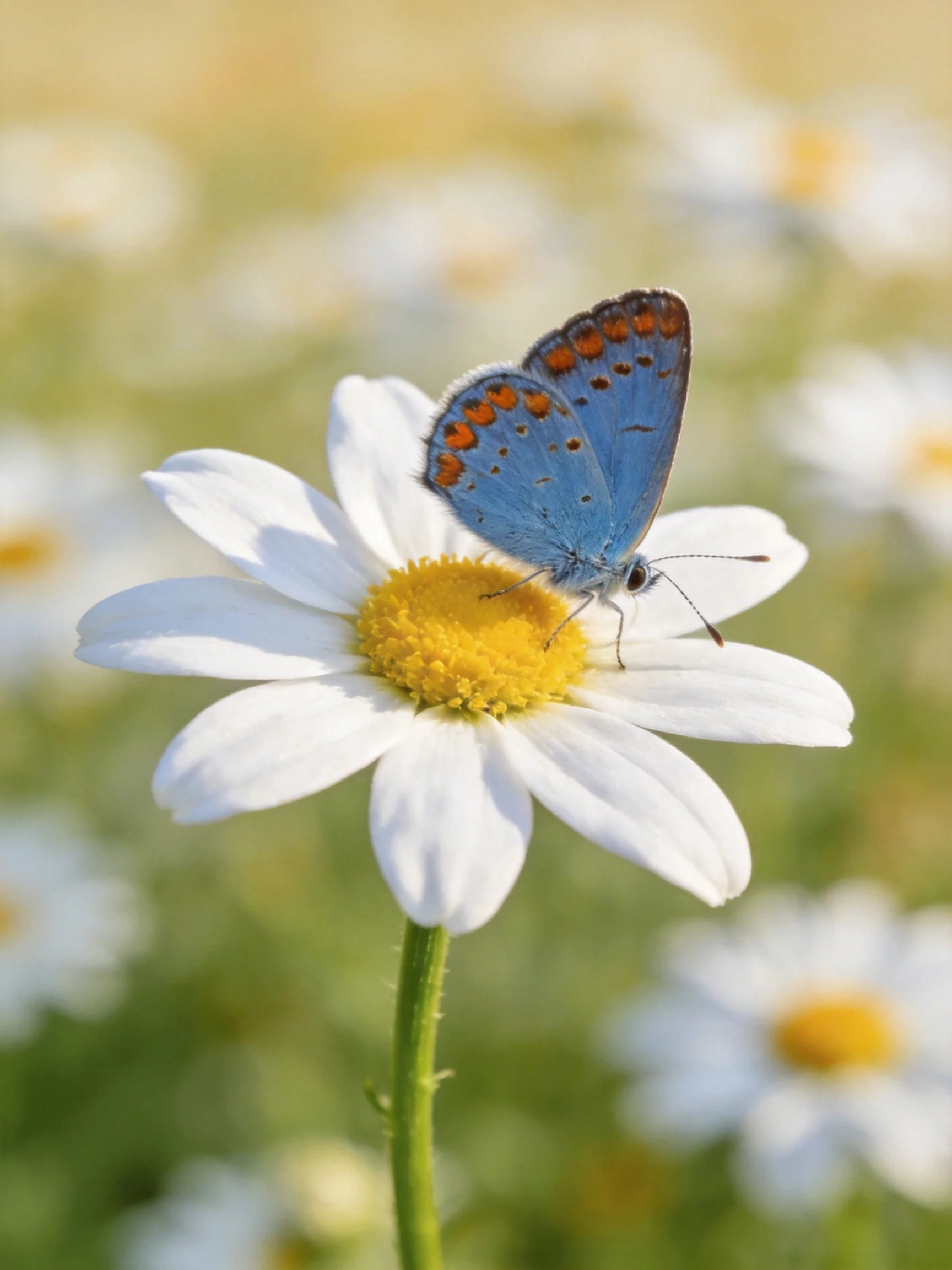 A blue butterfly perches on a white daisy with a yellow center