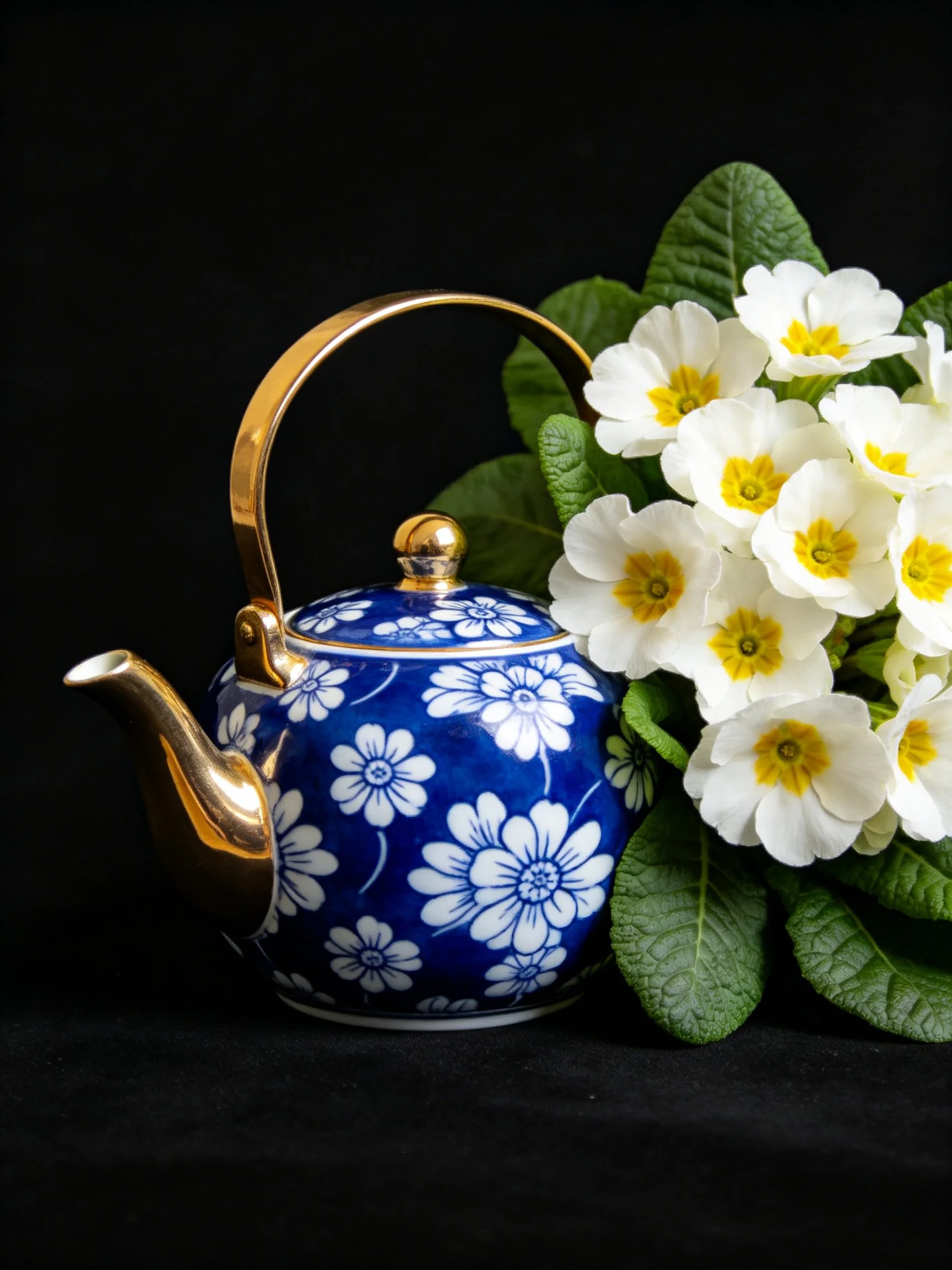 A blue floral teapot with golden accents beside white primrose flowers