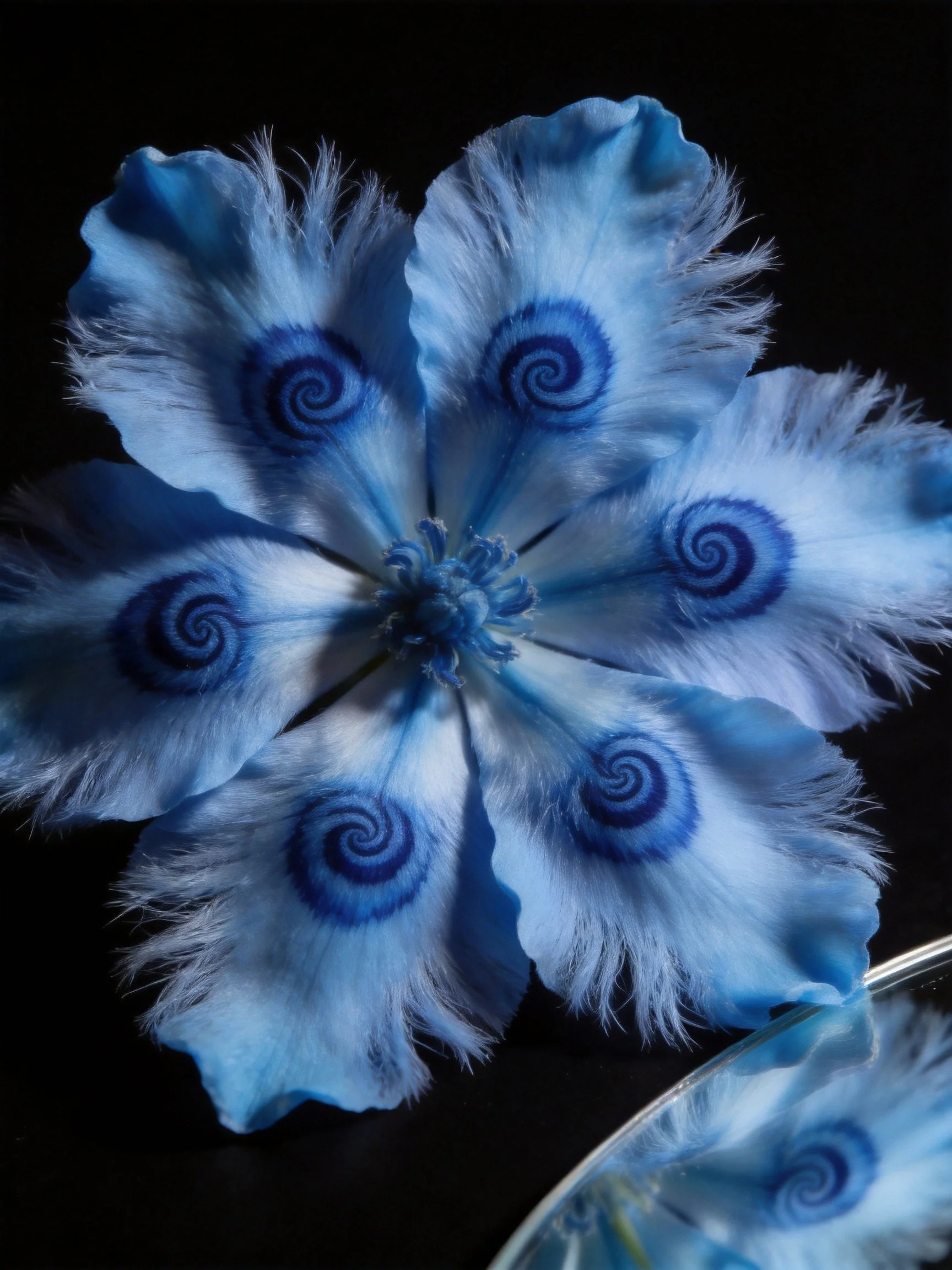 A blue flower with spiral-patterned petals on a dark background