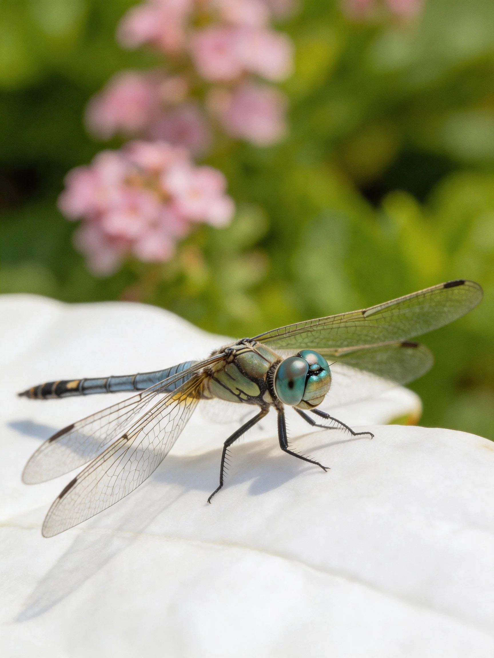 A blue-green dragonfly rests on a white petal near pink blooms