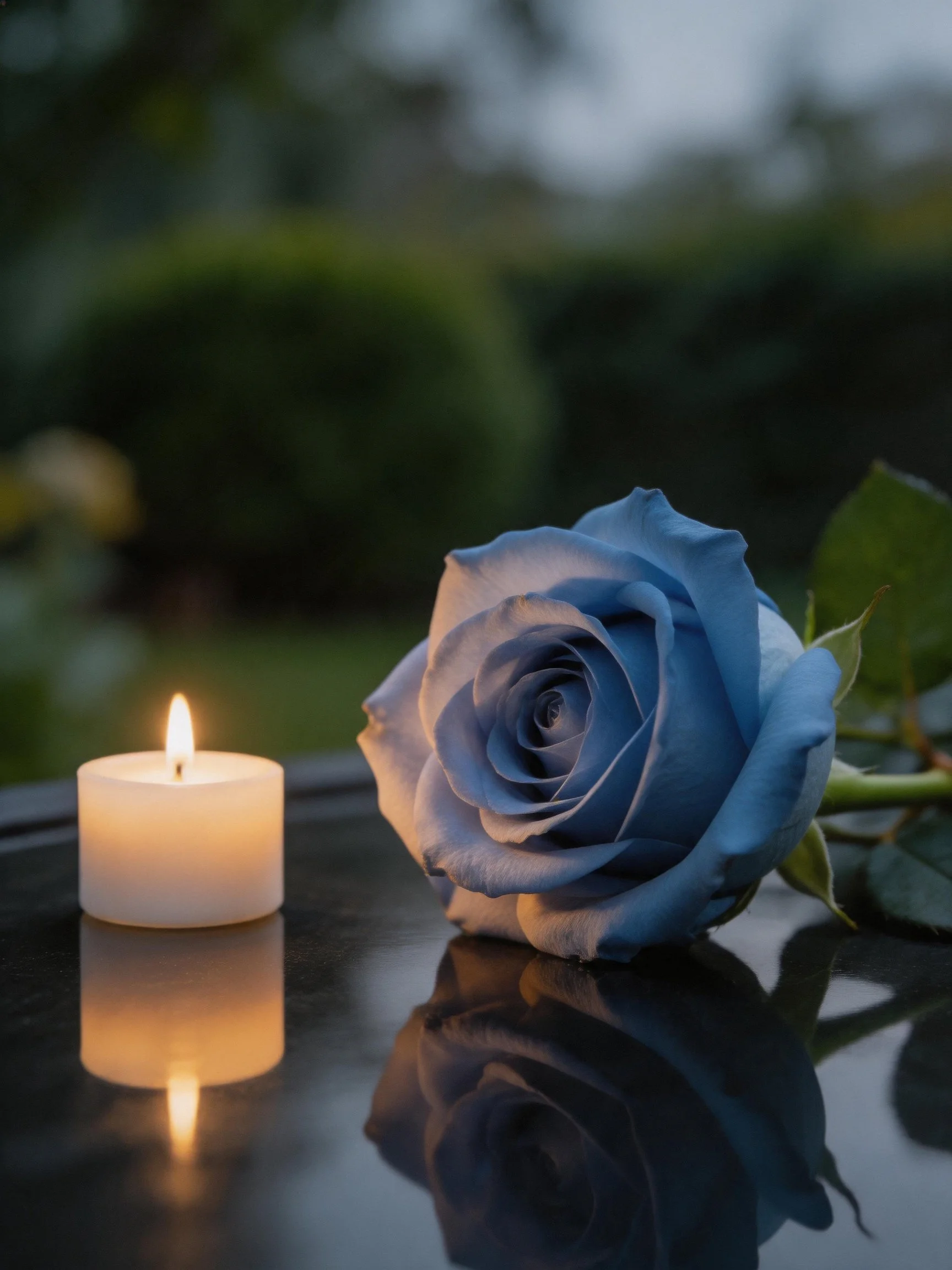 A blue rose and a lit candle on a reflective surface
