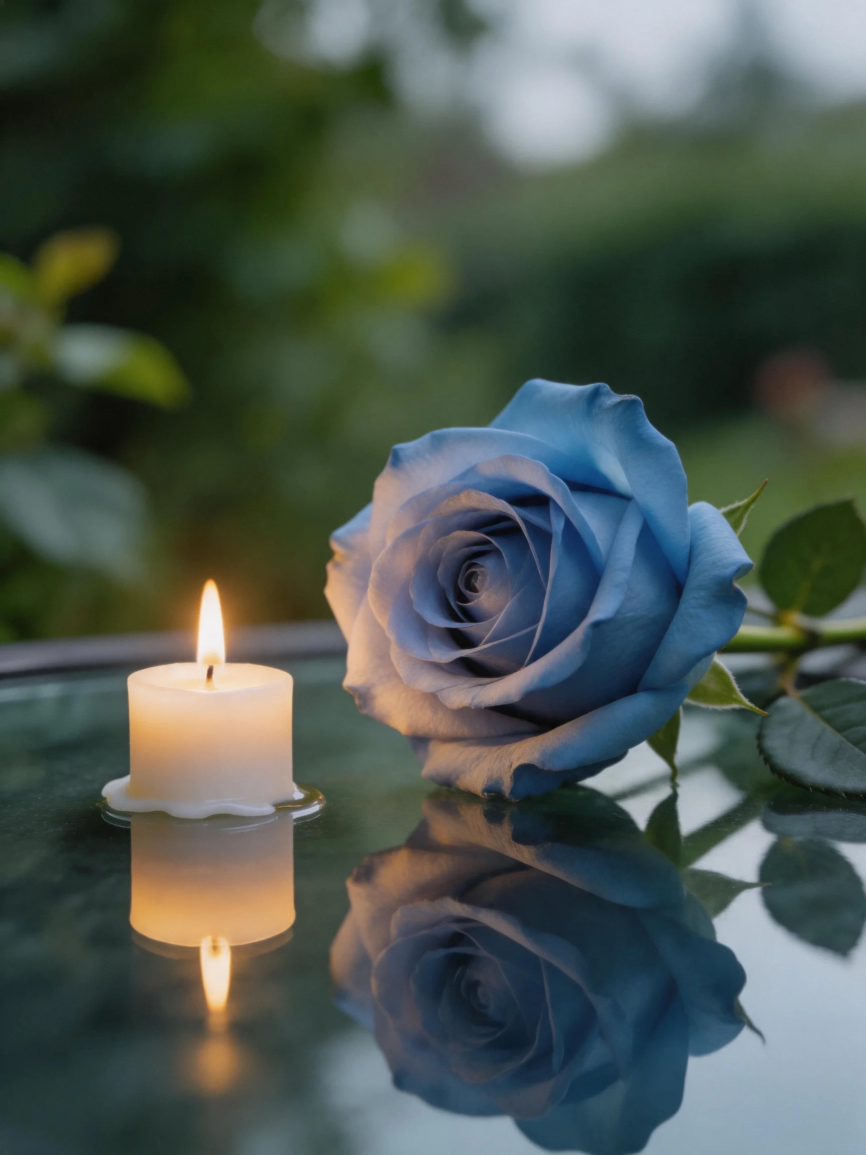 A blue rose and a lit candle reflect on a glass surface outdoors