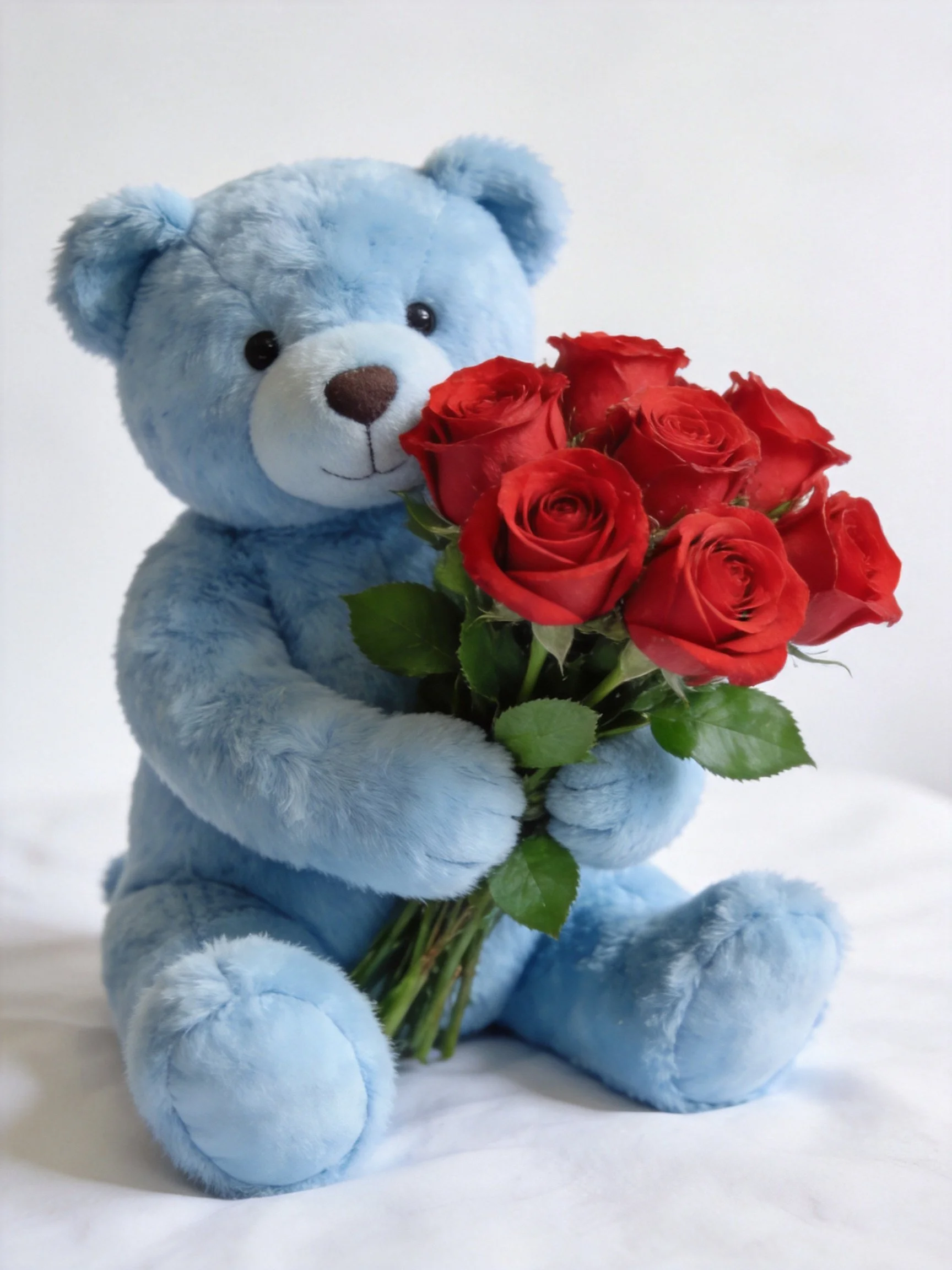 A blue stuffed teddy bear holding a bouquet of red roses