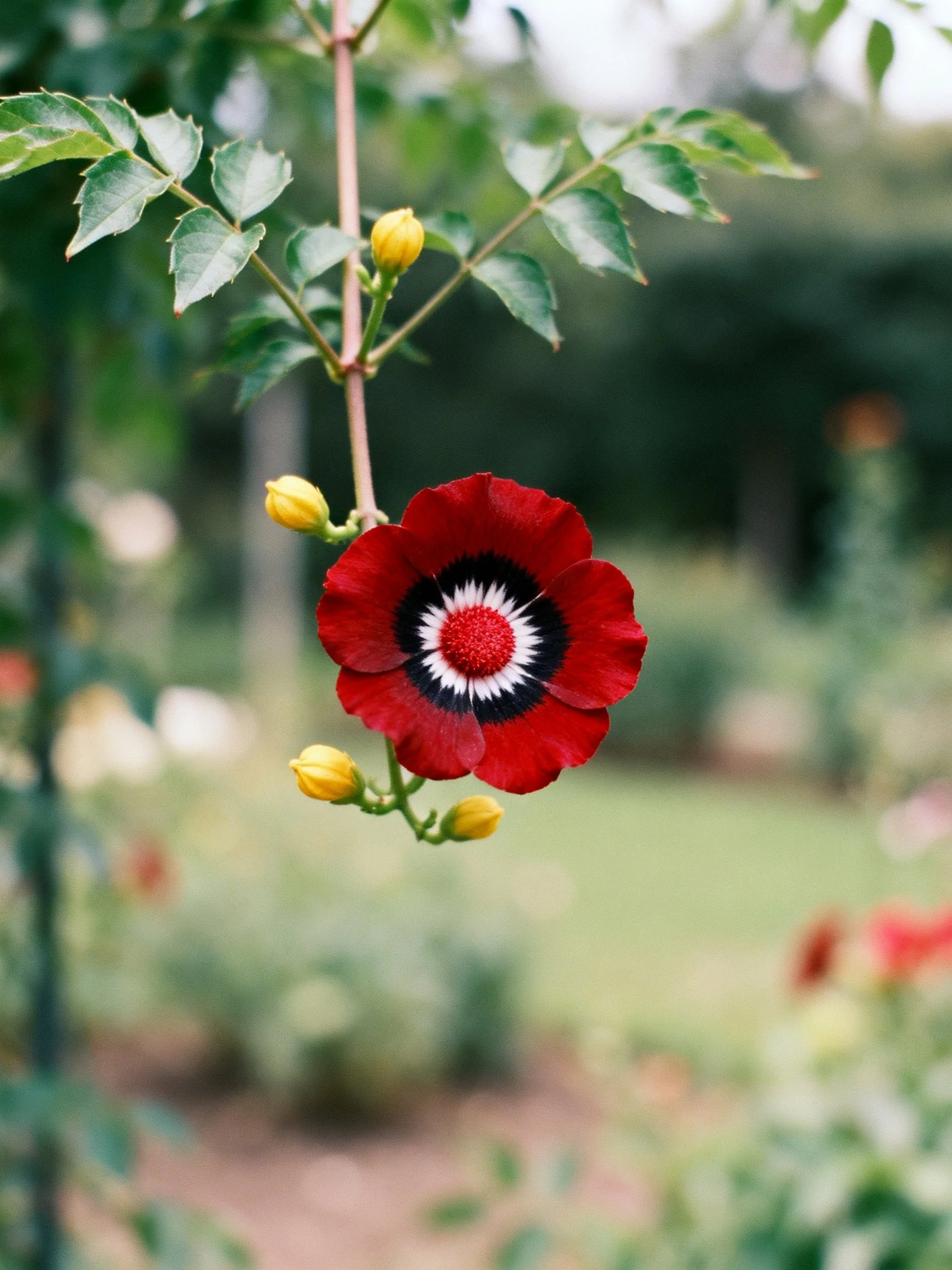 A bold red flower with black and white center amid yellow buds and green foliage