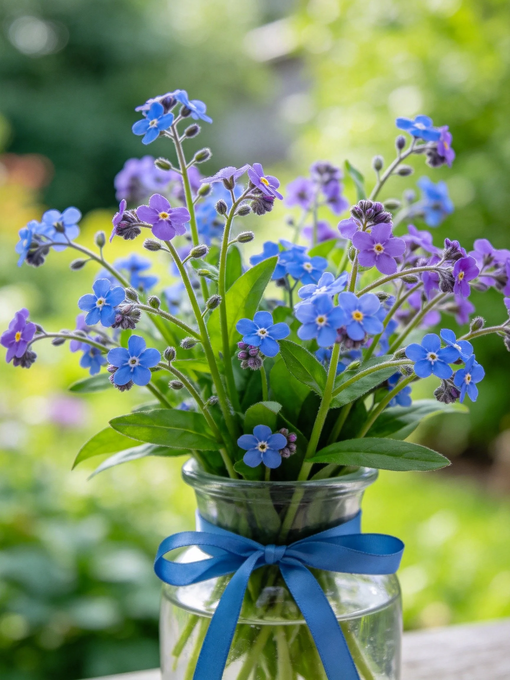 A bouquet of blue and purple flowers in a glass jar with a blue ribbon