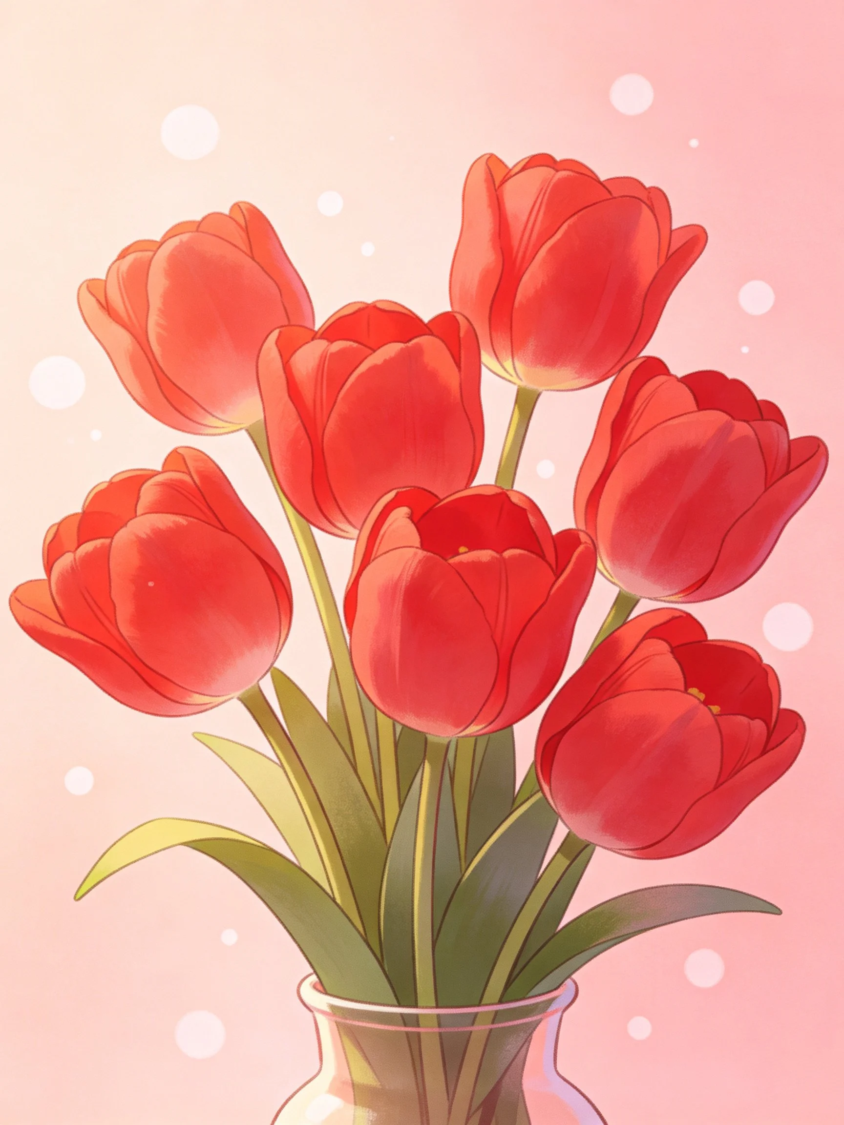 A bouquet of bright red tulips in a glass vase with a soft pink bokeh background