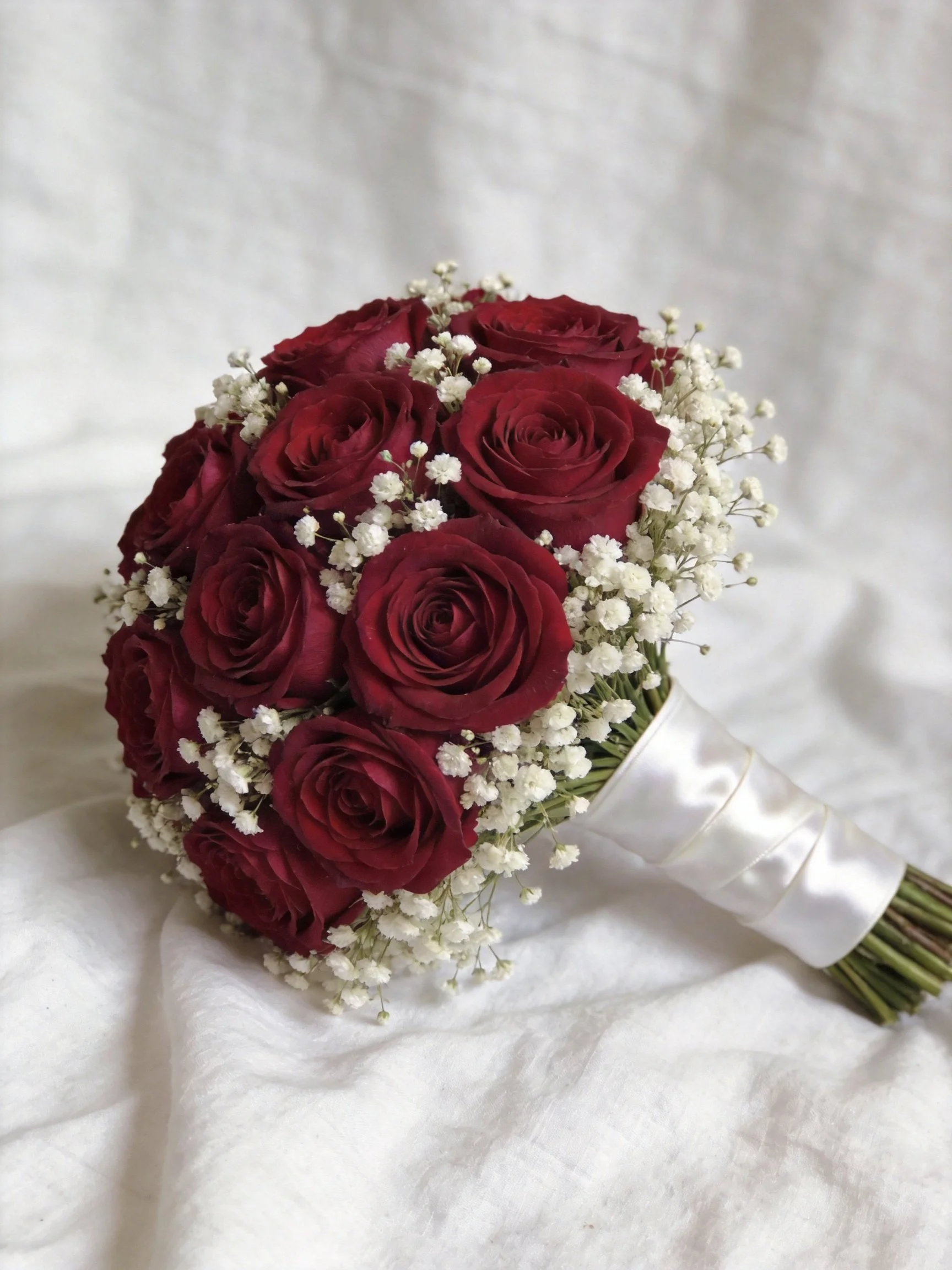 A bouquet of deep red roses and baby’s breath wrapped in white satin on white fabric