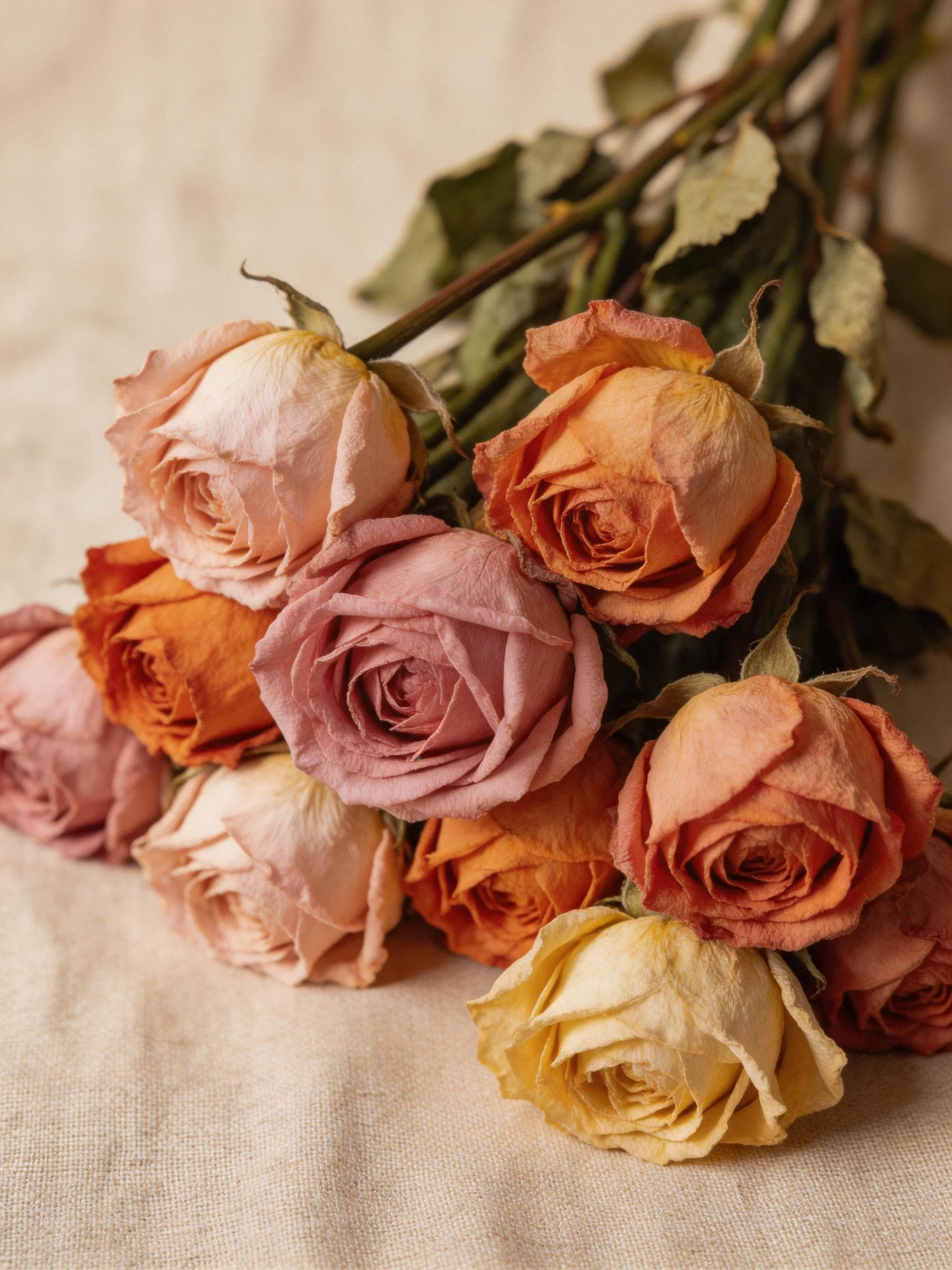 A bouquet of dried roses in soft pink, orange, and yellow shades