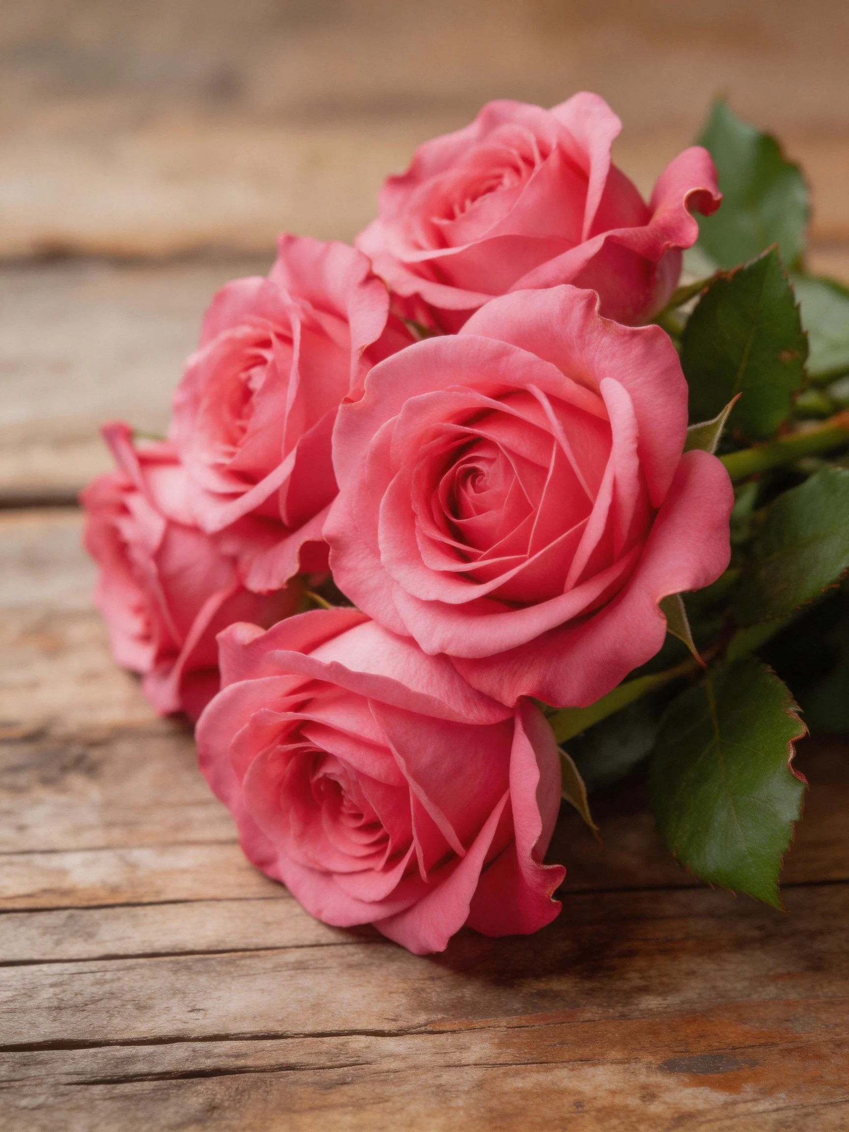 A bouquet of five pink roses on a rustic wooden table