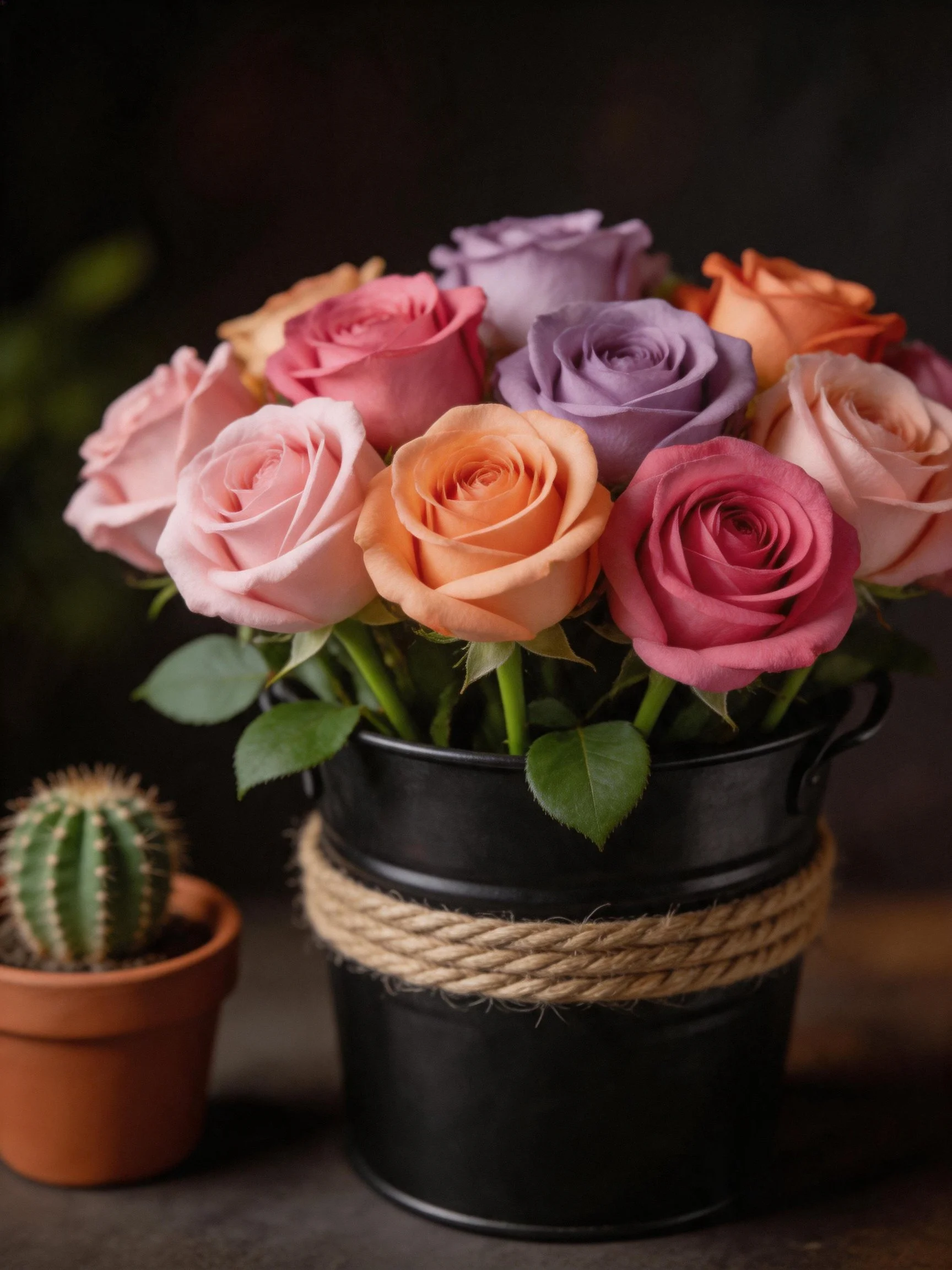 A bouquet of multicolored roses in a black metal bucket beside a small cactus