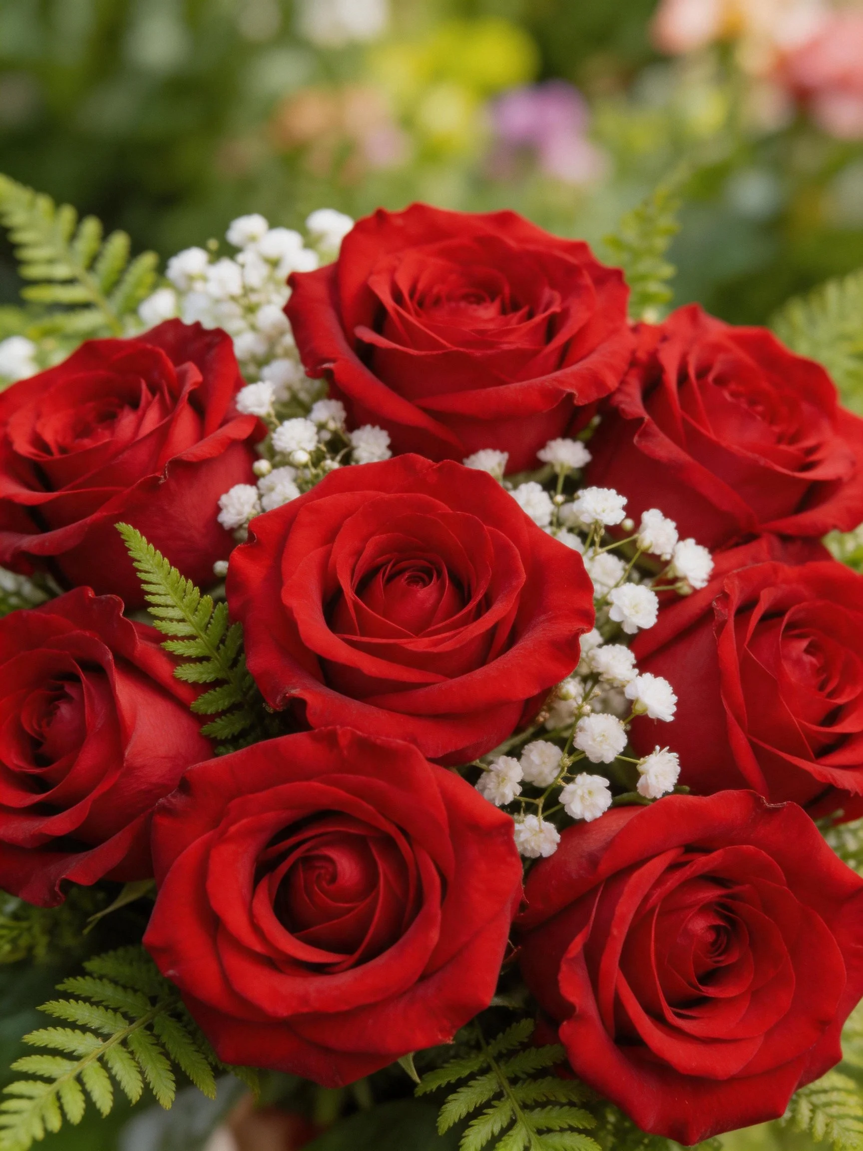 A bouquet of nine red roses with white flowers and green ferns