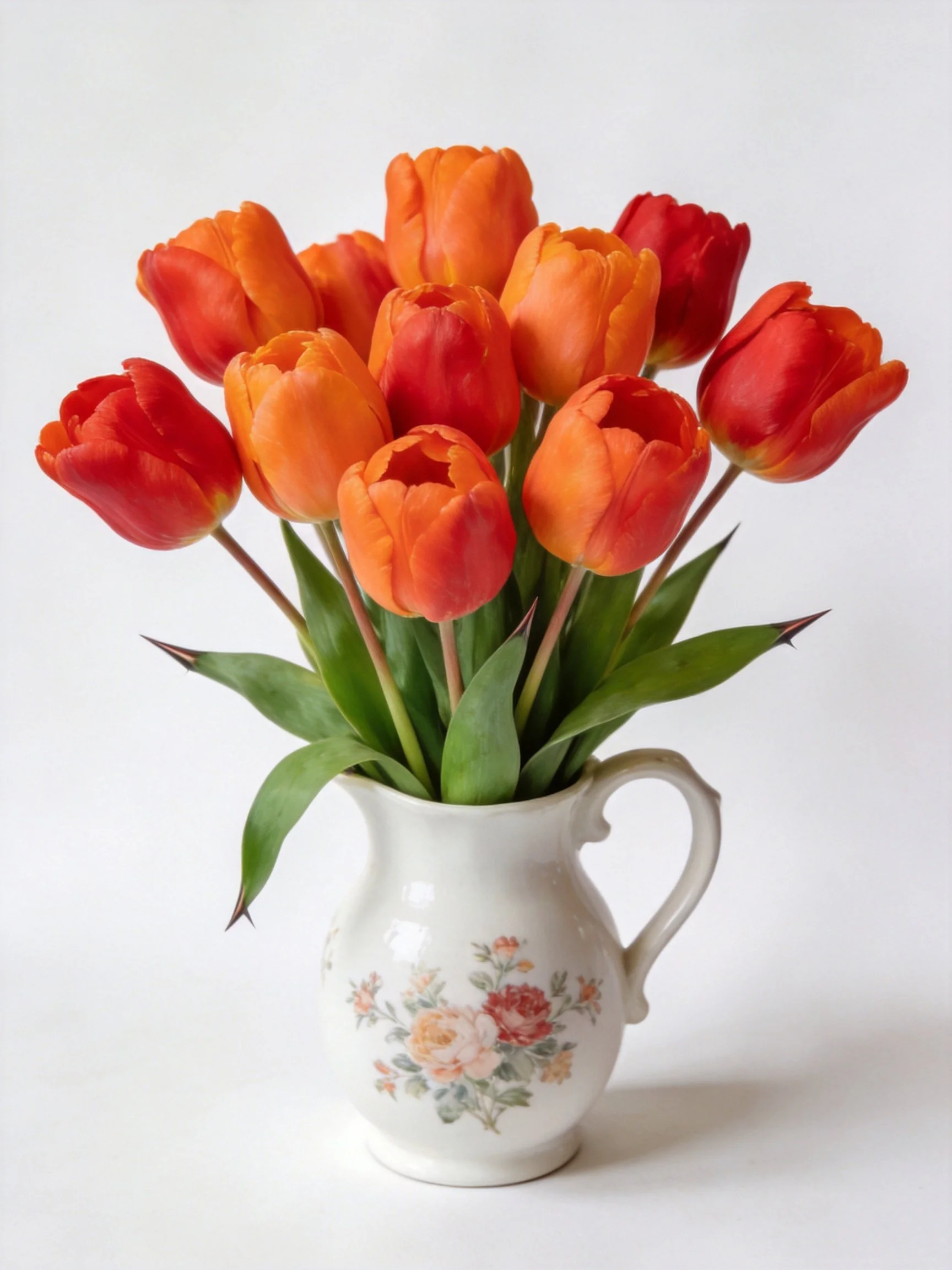 A bouquet of orange and red tulips in a floral pitcher