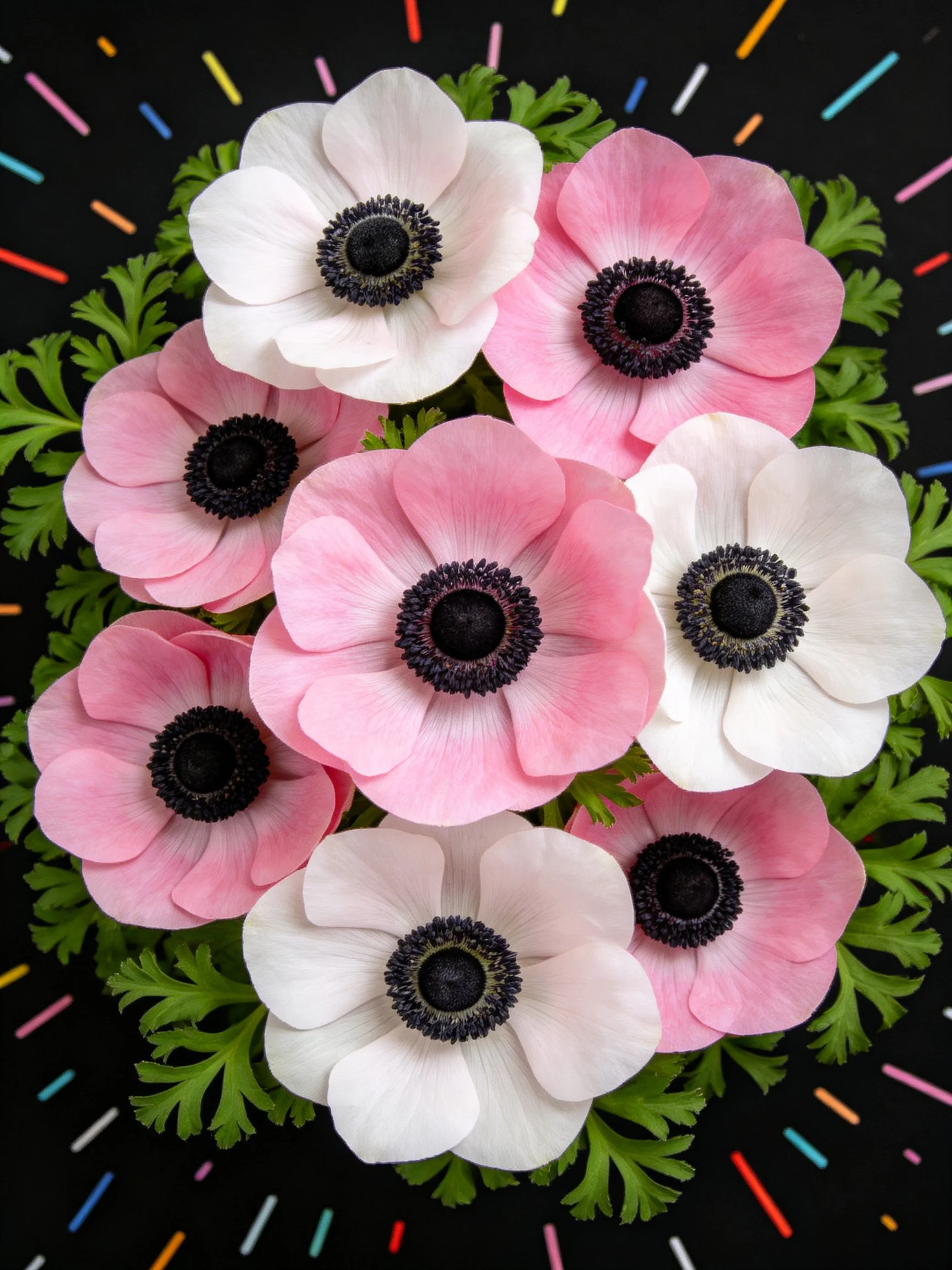 A bouquet of pink and white anemones with black centers on a dark backdrop