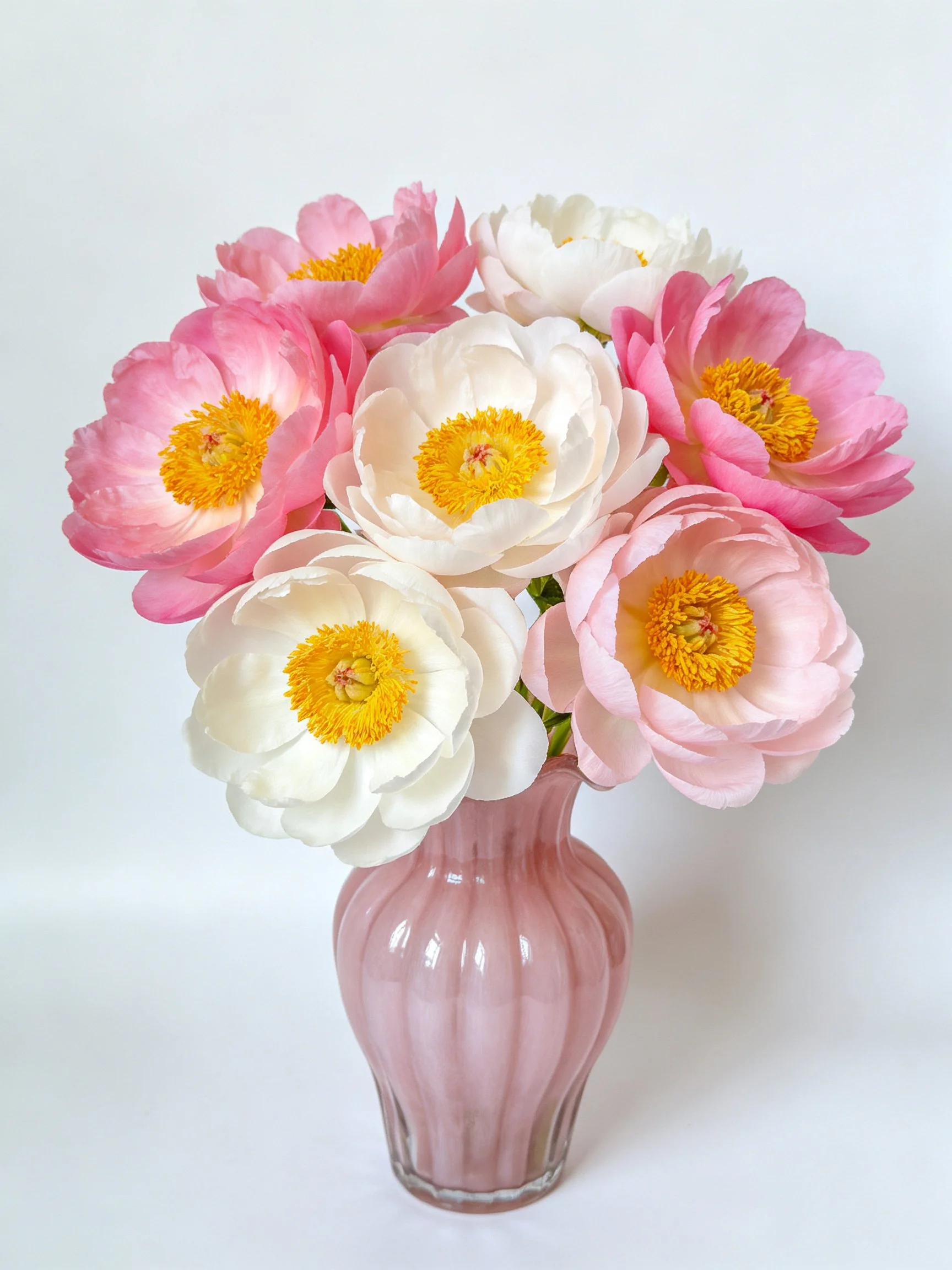 A bouquet of pink and white peonies in a pink glass vase