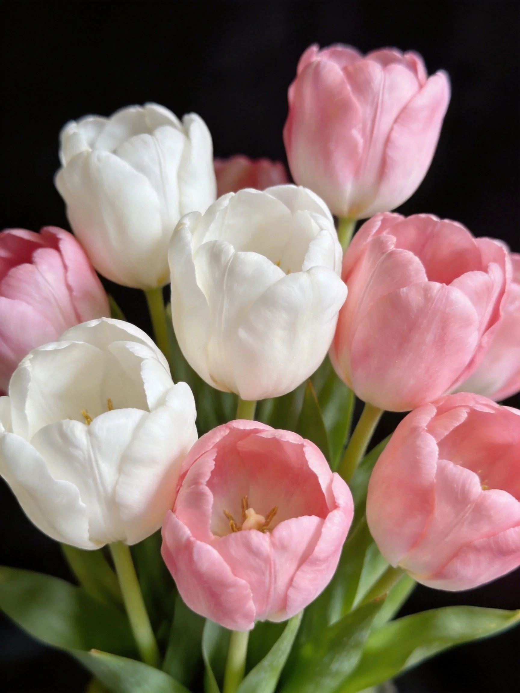 A bouquet of pink and white tulips clustered closely together