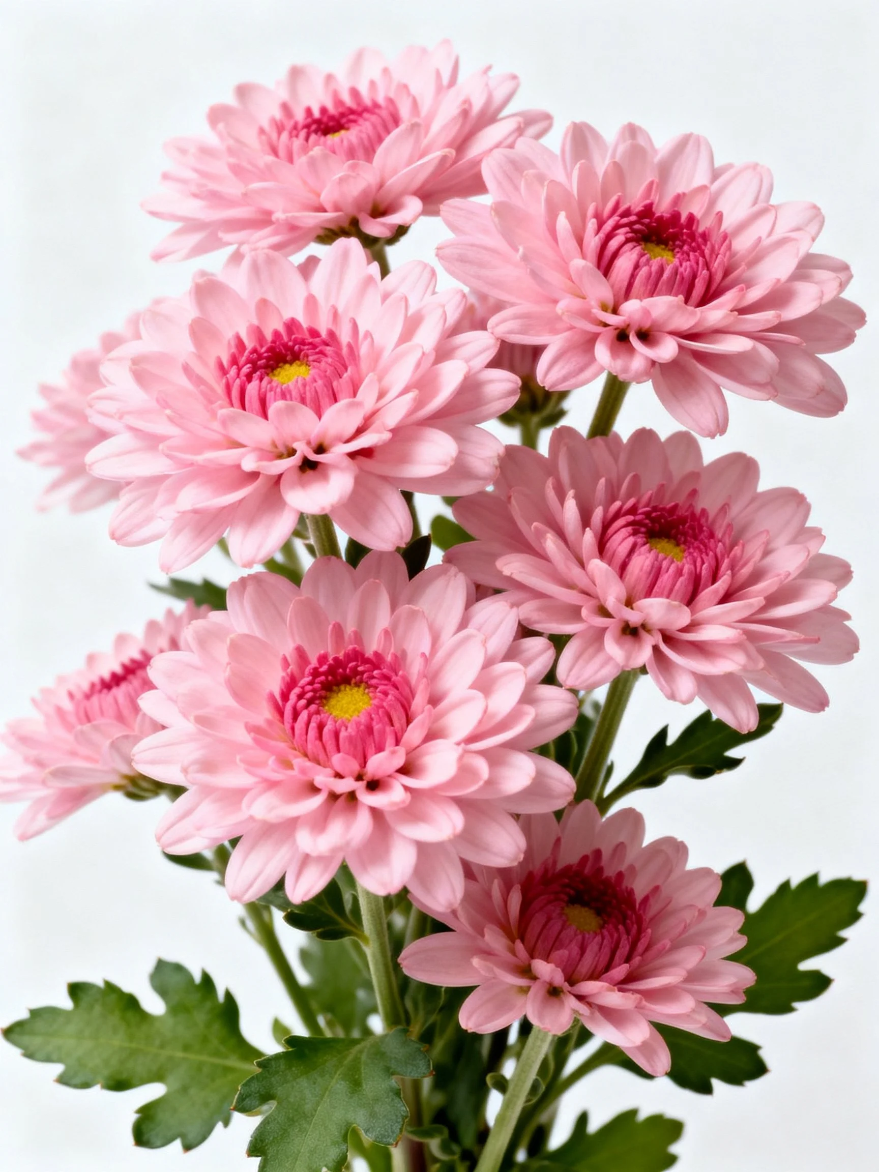 A bouquet of pink chrysanthemums with green foliage