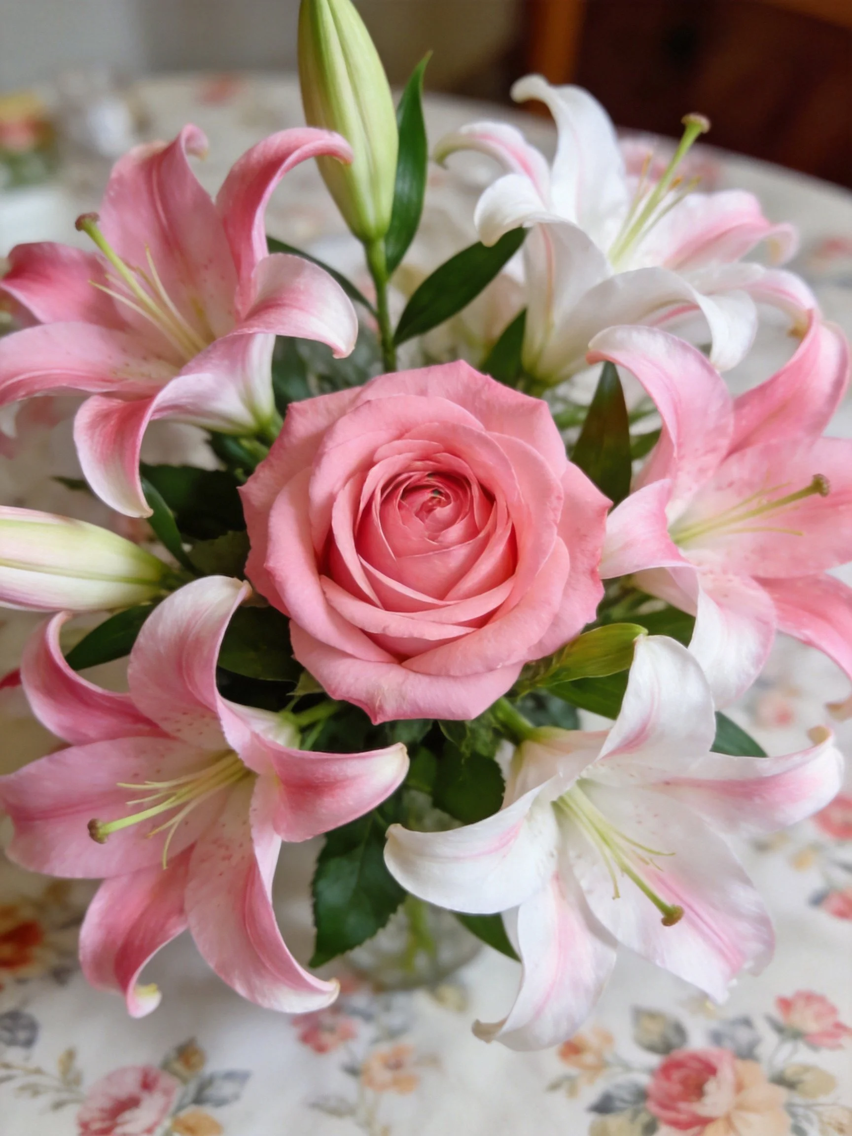 A bouquet of pink roses and white-pink lilies in a glass vase