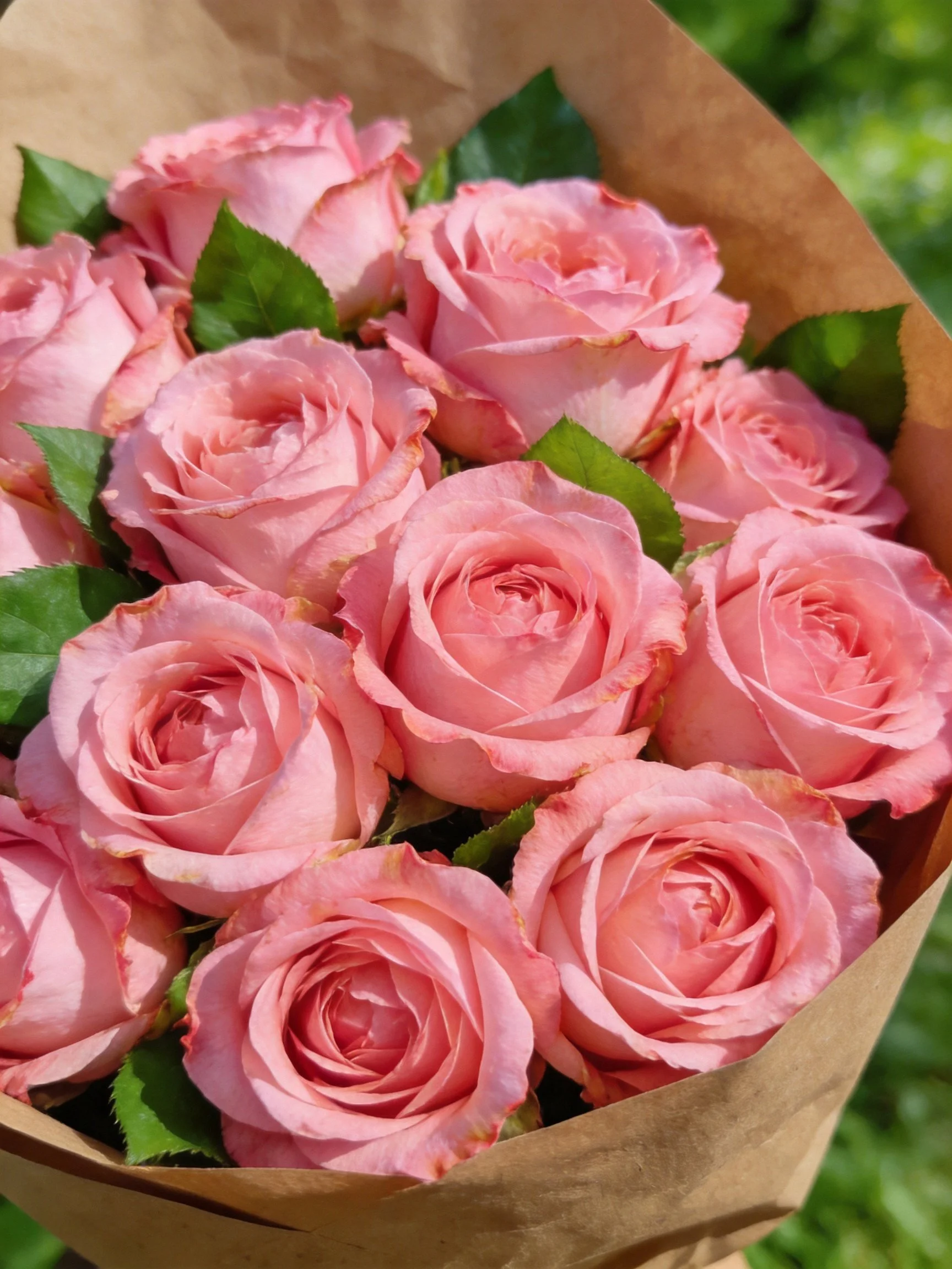 A bouquet of pink roses wrapped in brown paper with green leaves