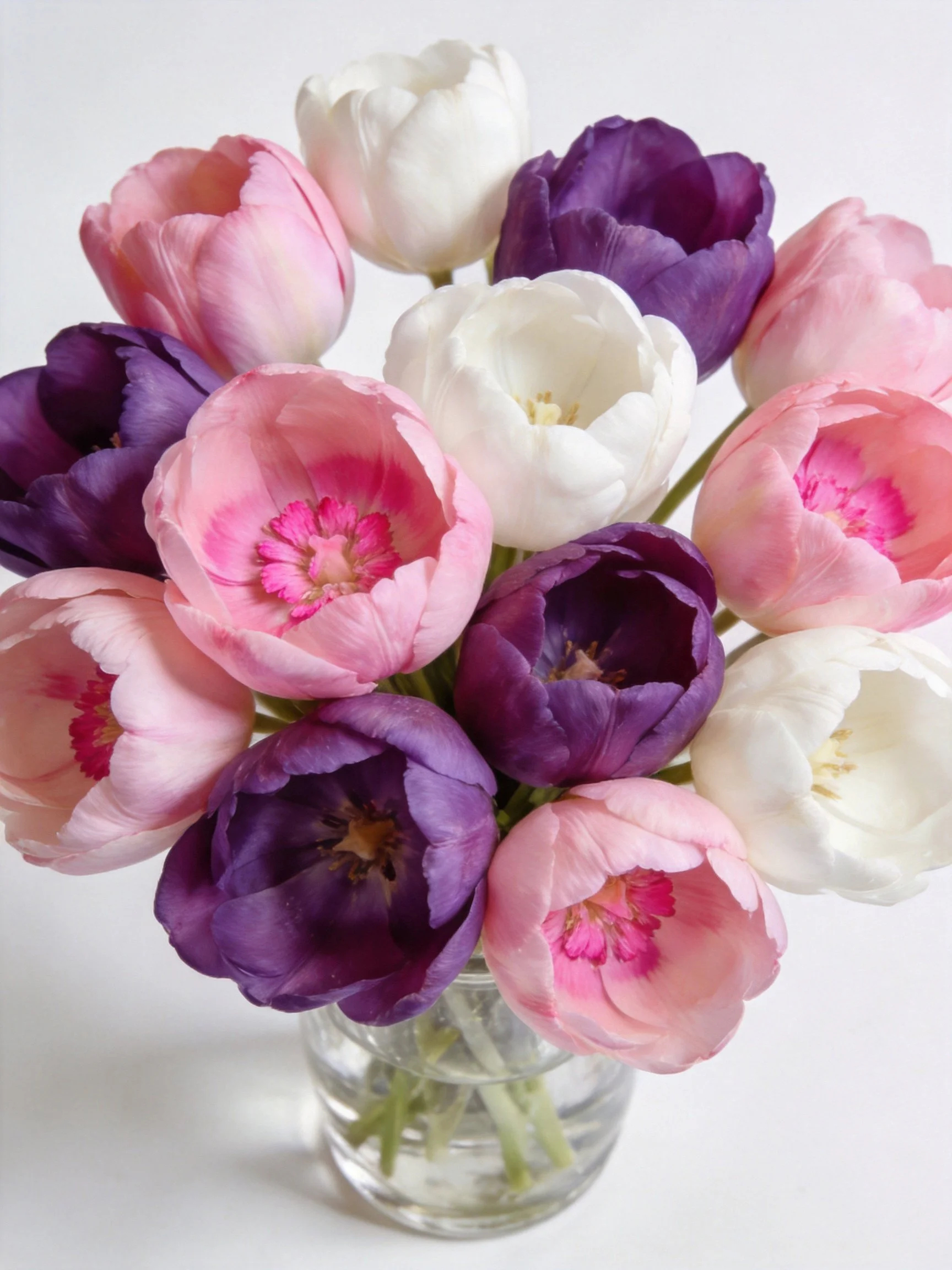 A bouquet of pink, white, and purple tulips in a glass vase
