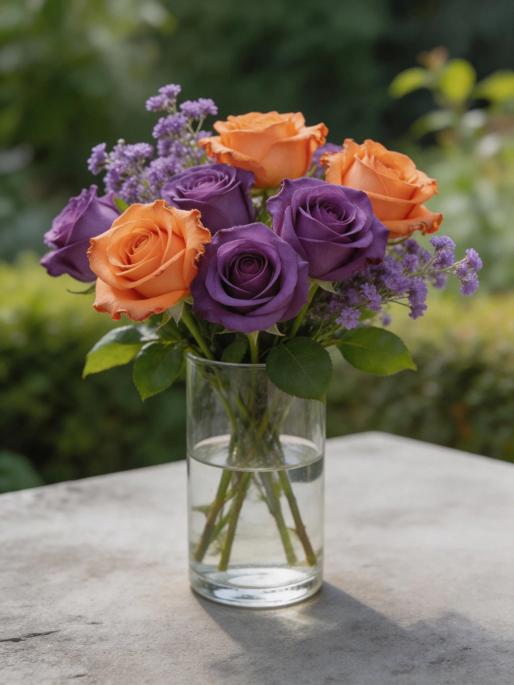 A bouquet of purple and orange roses with small purple blooms in a clear glass vase