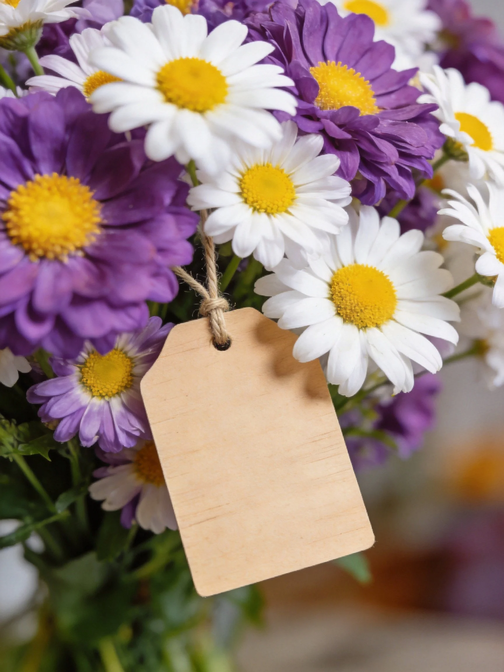A bouquet of purple and white daisies with a wooden tag