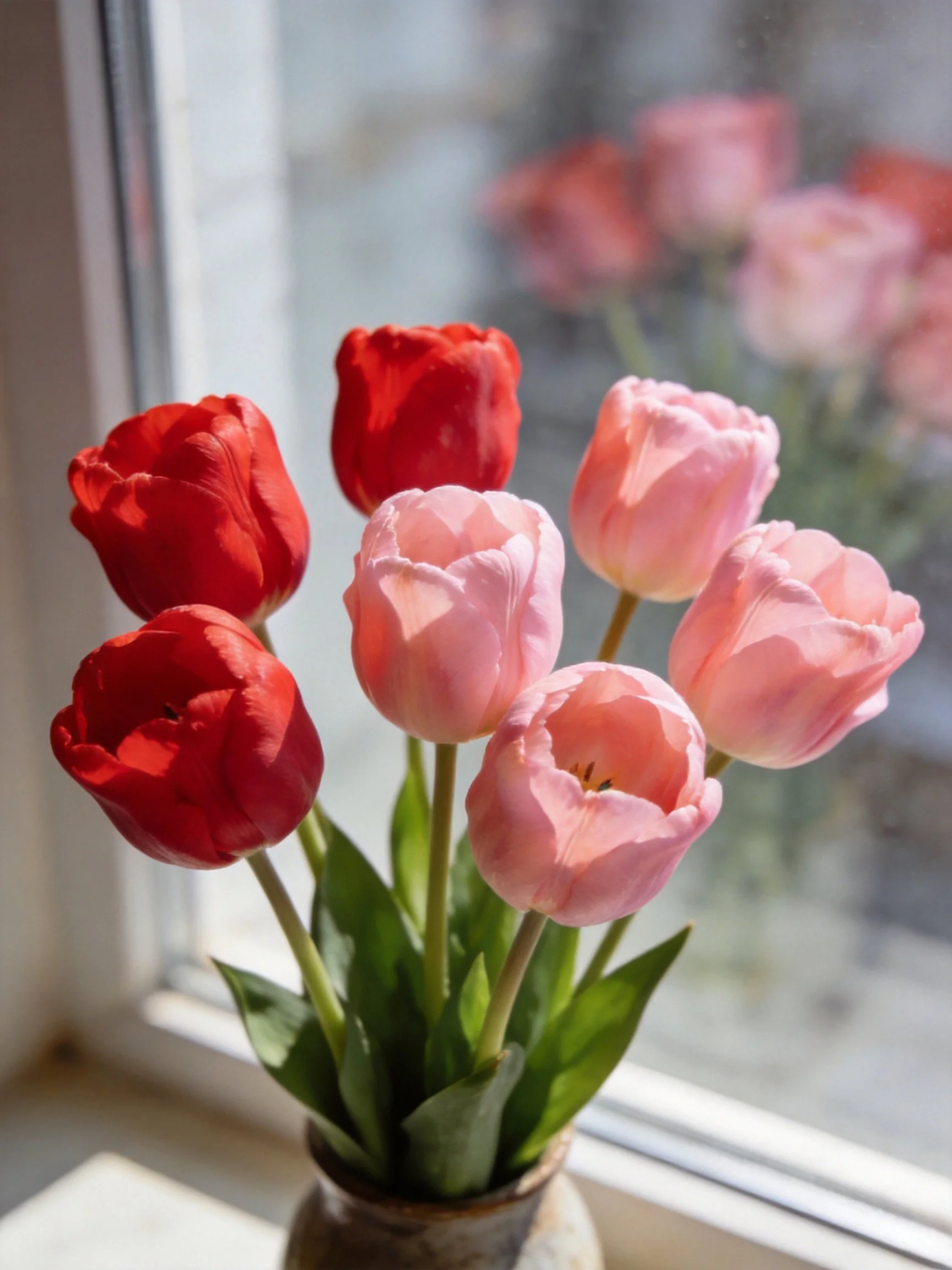 A bouquet of red and pink tulips arranged in a vase by a window