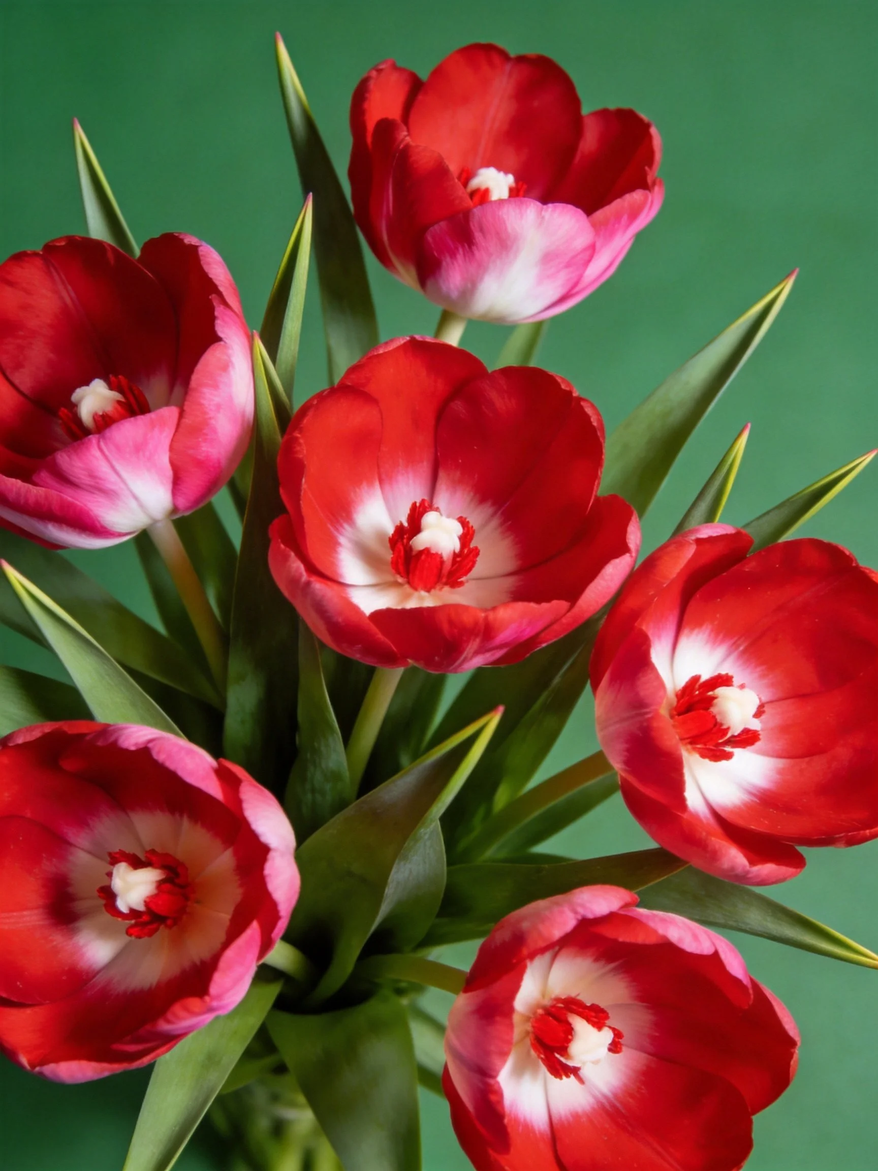 A bouquet of red and pink tulips with green leaves