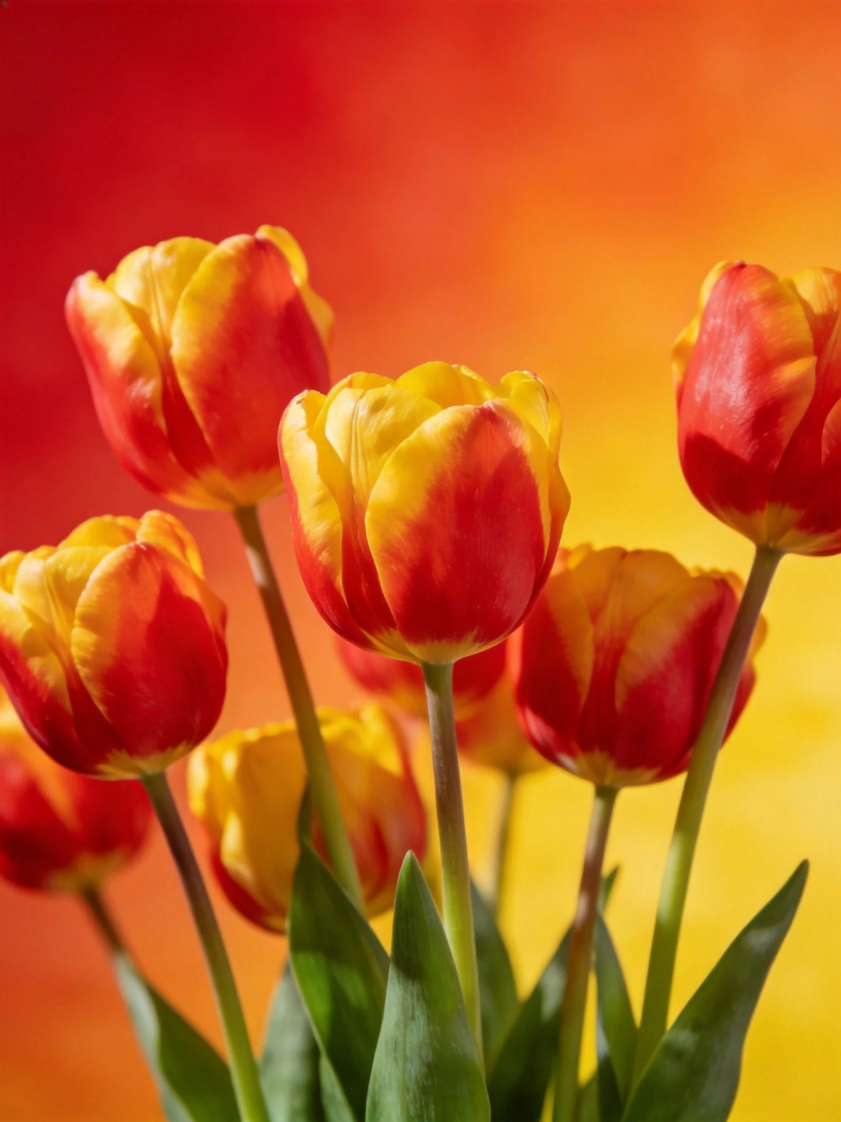 A bouquet of red and yellow tulips against a warm-toned backdrop