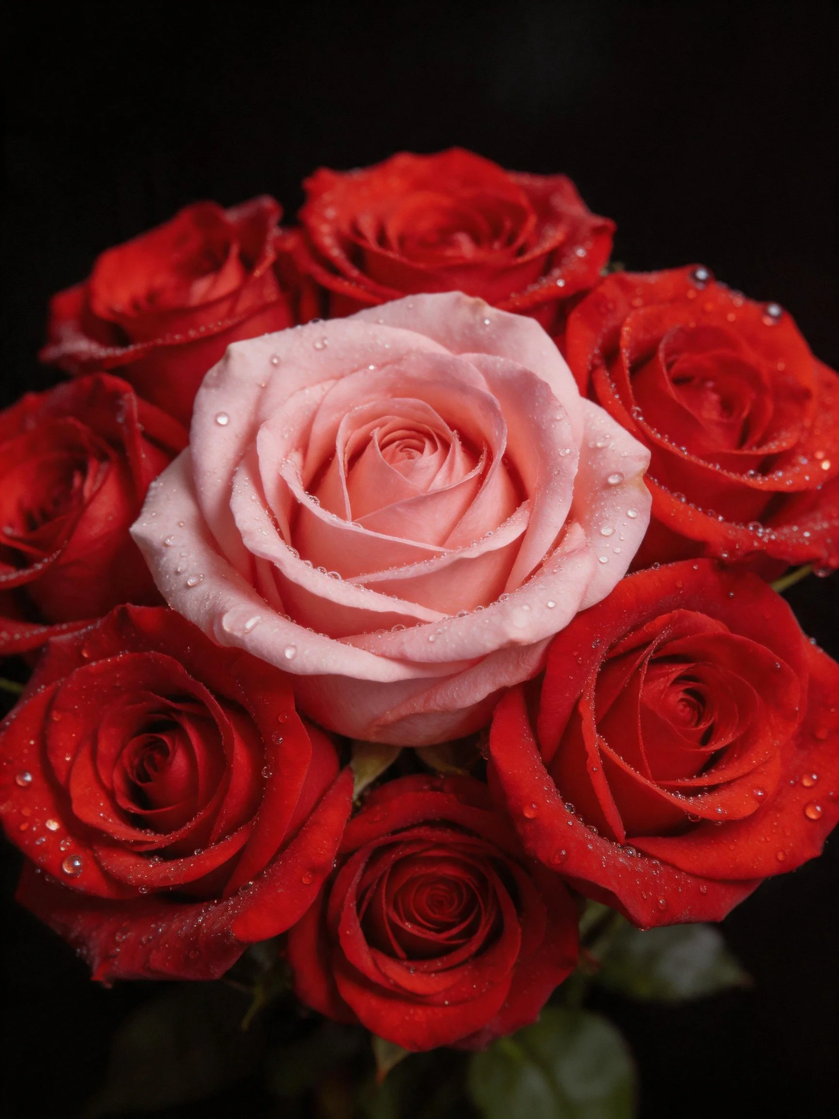 A bouquet of red roses with a central pink rose, water droplets