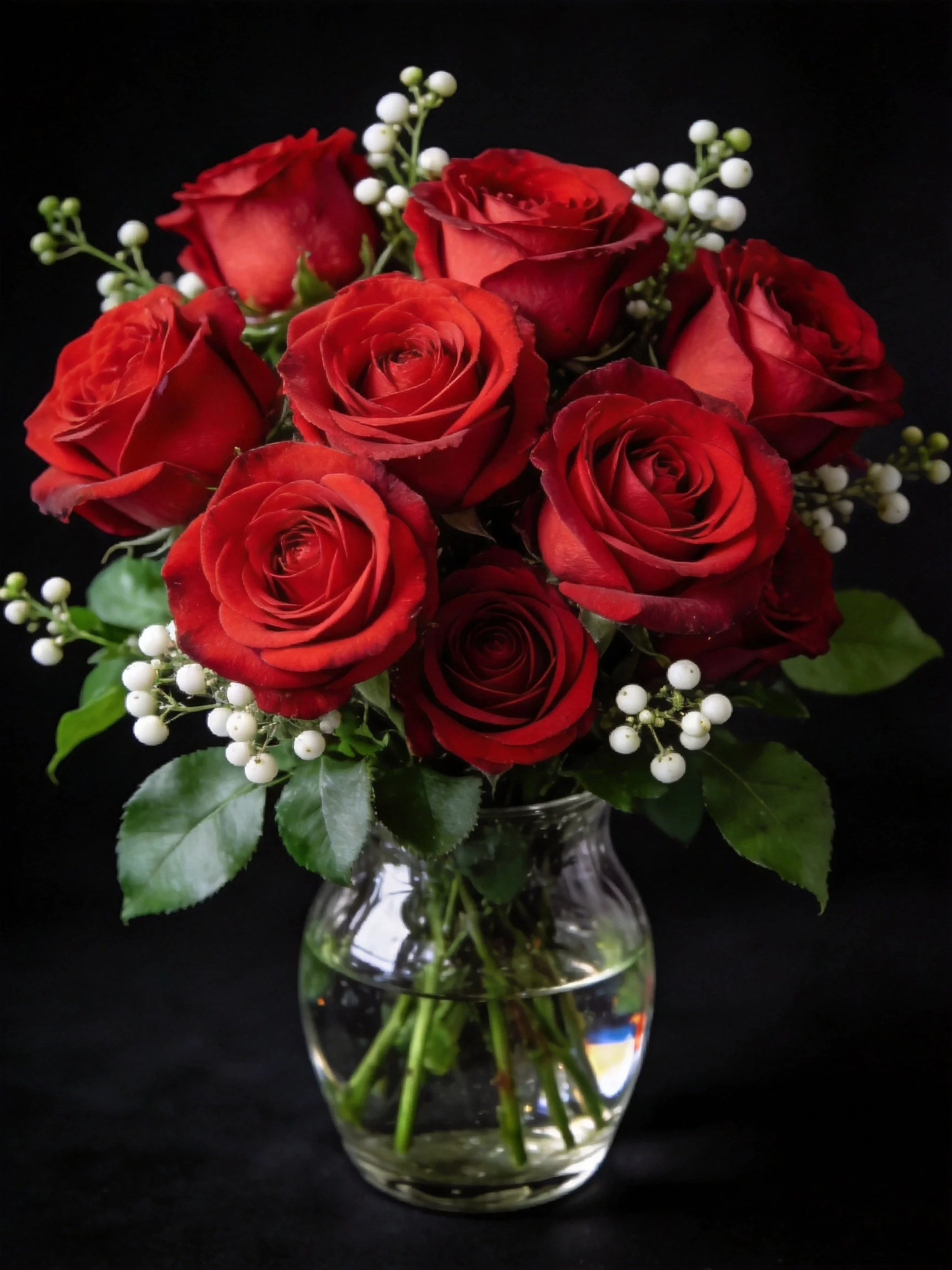 A bouquet of red roses with white berry accents in a clear glass vase