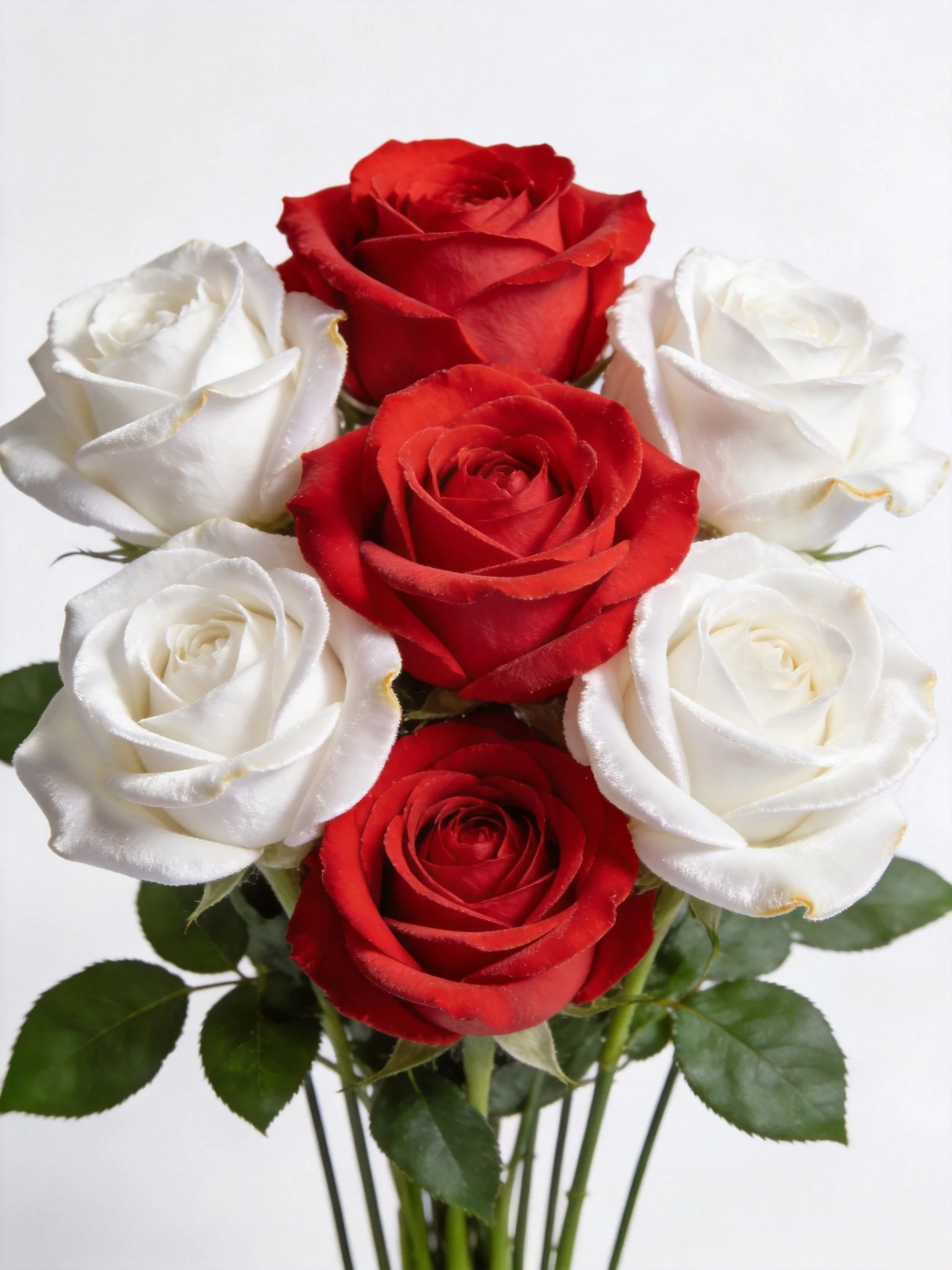 A bouquet of six roses with alternating red and white blooms